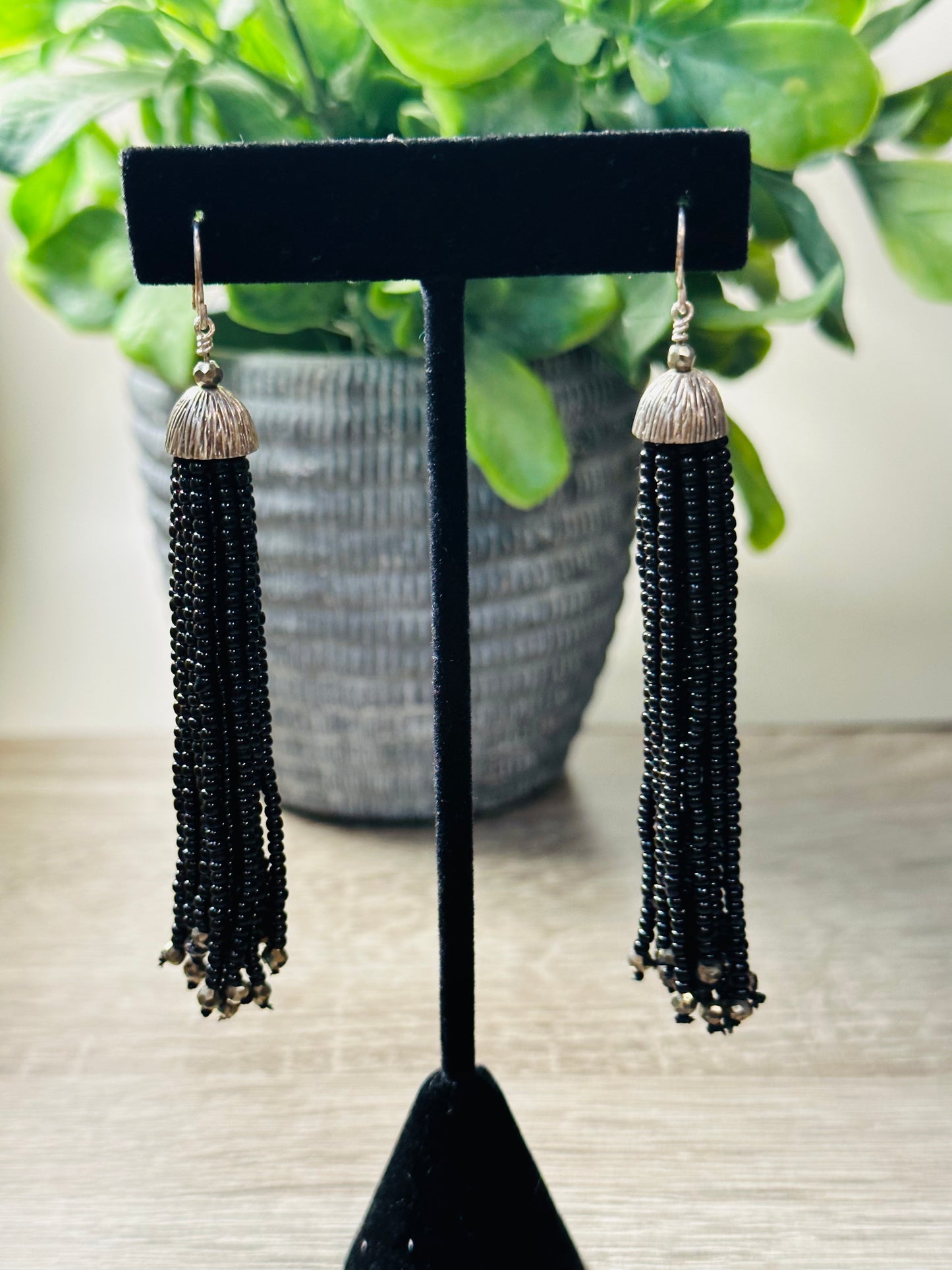 Black onyx and pyrite tassel earrings E-238