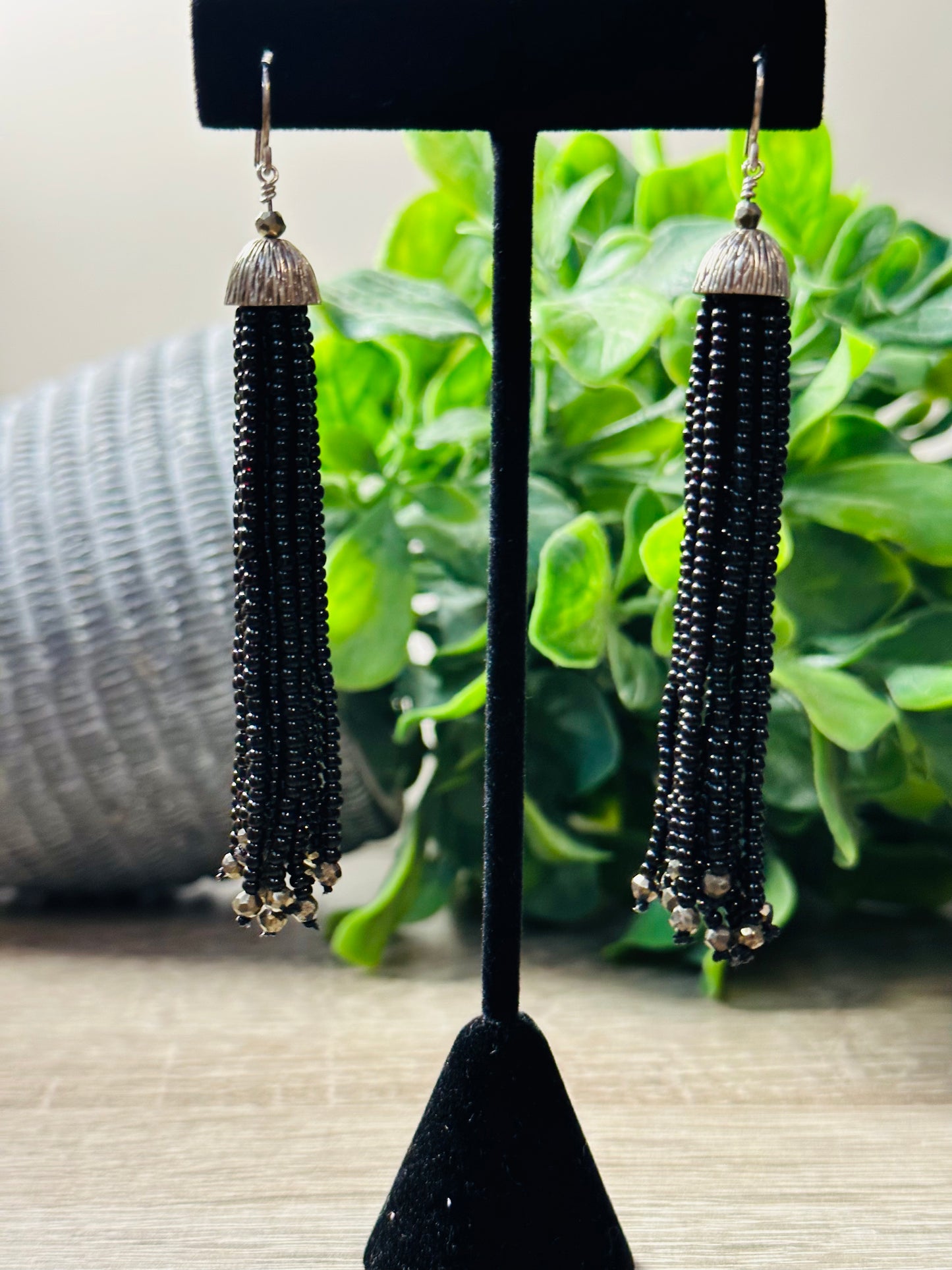 Black onyx and pyrite tassel earrings E-238