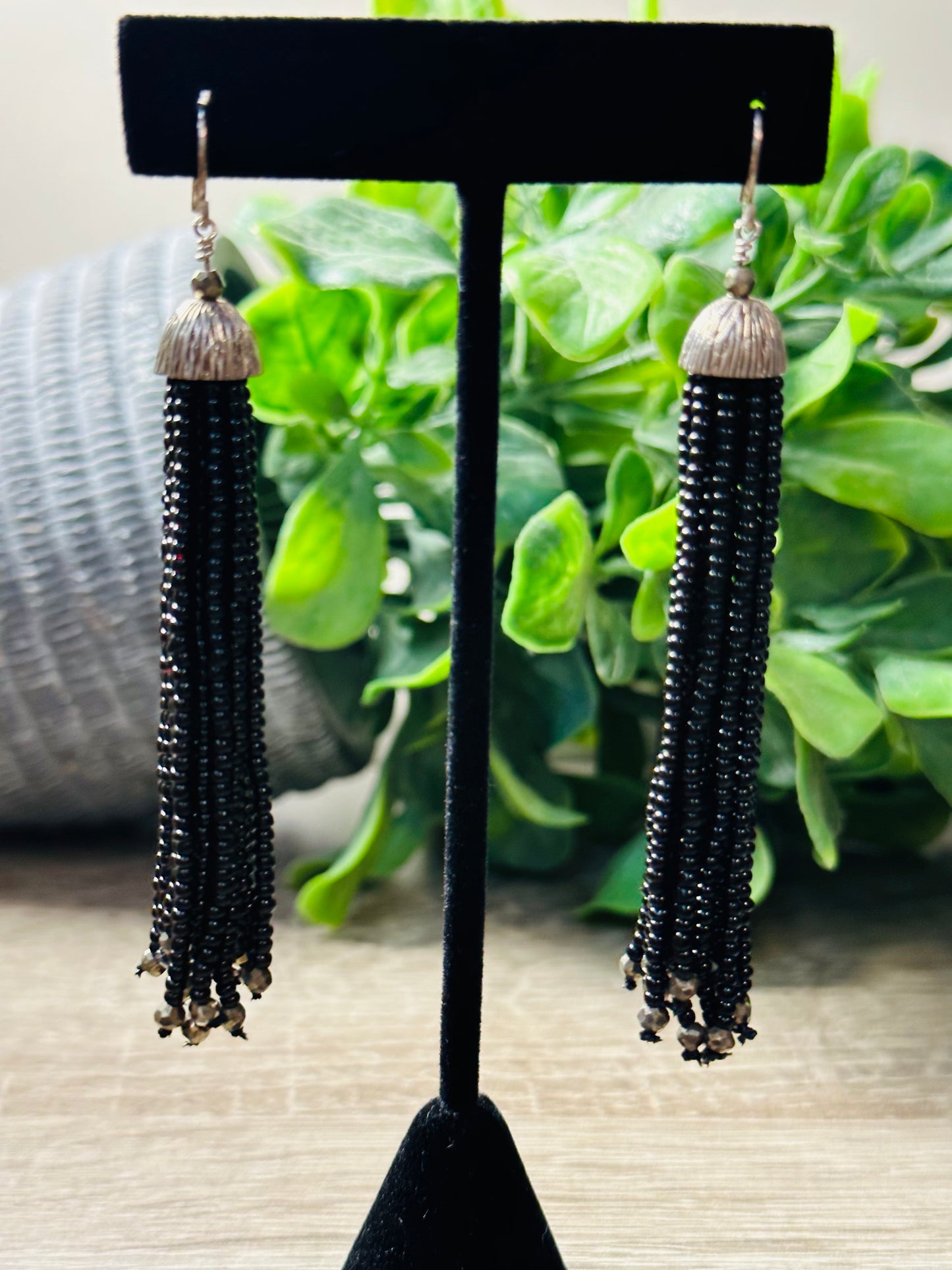 Black onyx and pyrite tassel earrings E-238