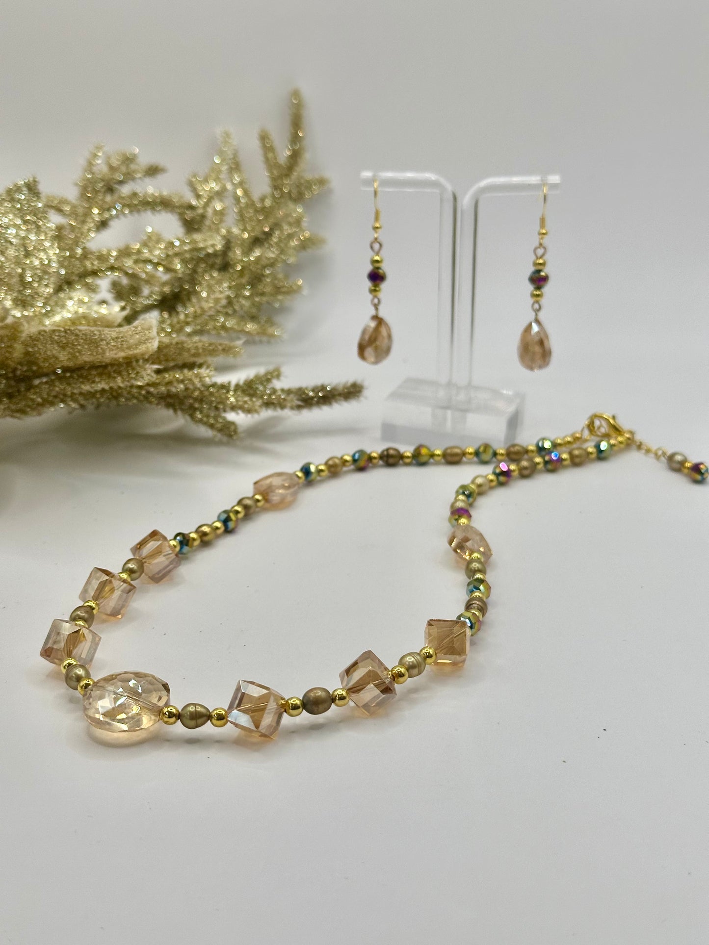 Amber mix glass with 4mm gold plated spacer beads necklace and earrings N E-203