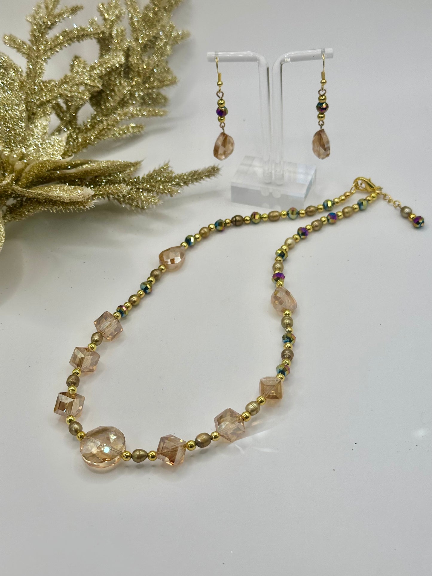 Amber mix glass with 4mm gold plated spacer beads necklace and earrings N E-203
