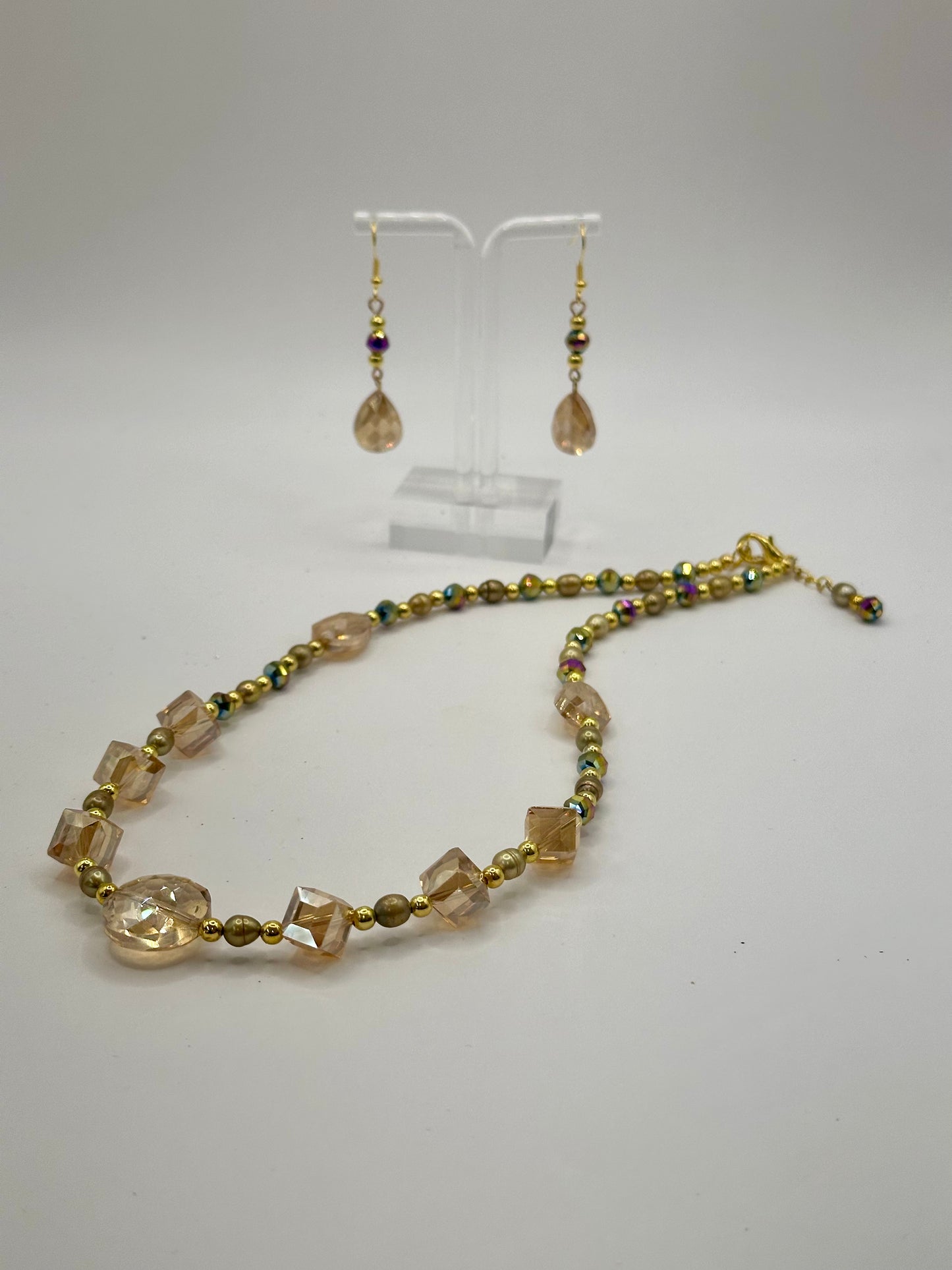 Amber mix glass with 4mm gold plated spacer beads necklace and earrings N E-203