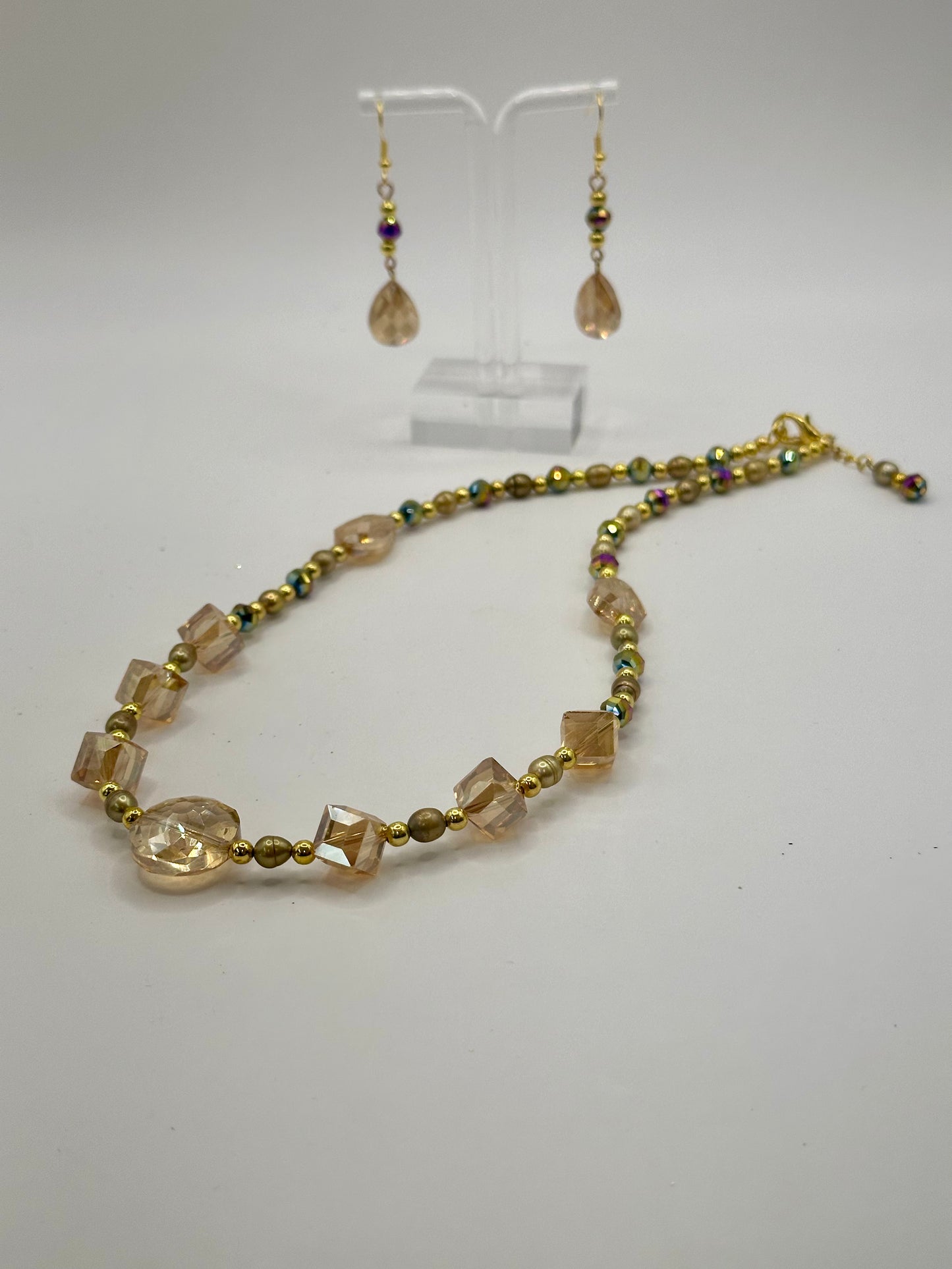 Amber mix glass with 4mm gold plated spacer beads necklace and earrings N E-203