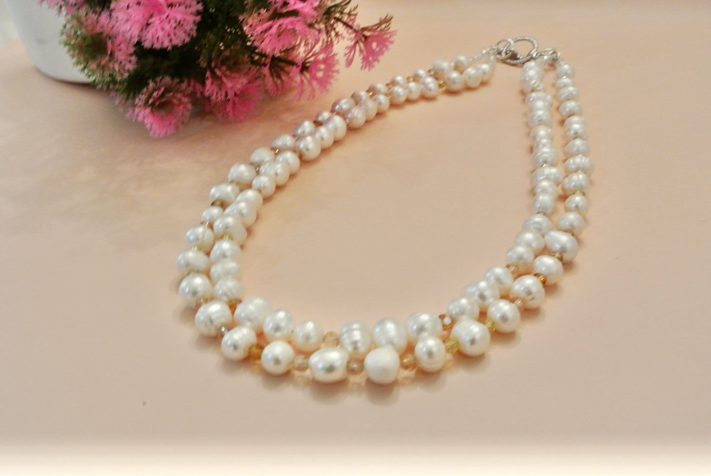 Double Strands White Pearls with Amber Faceted N-135