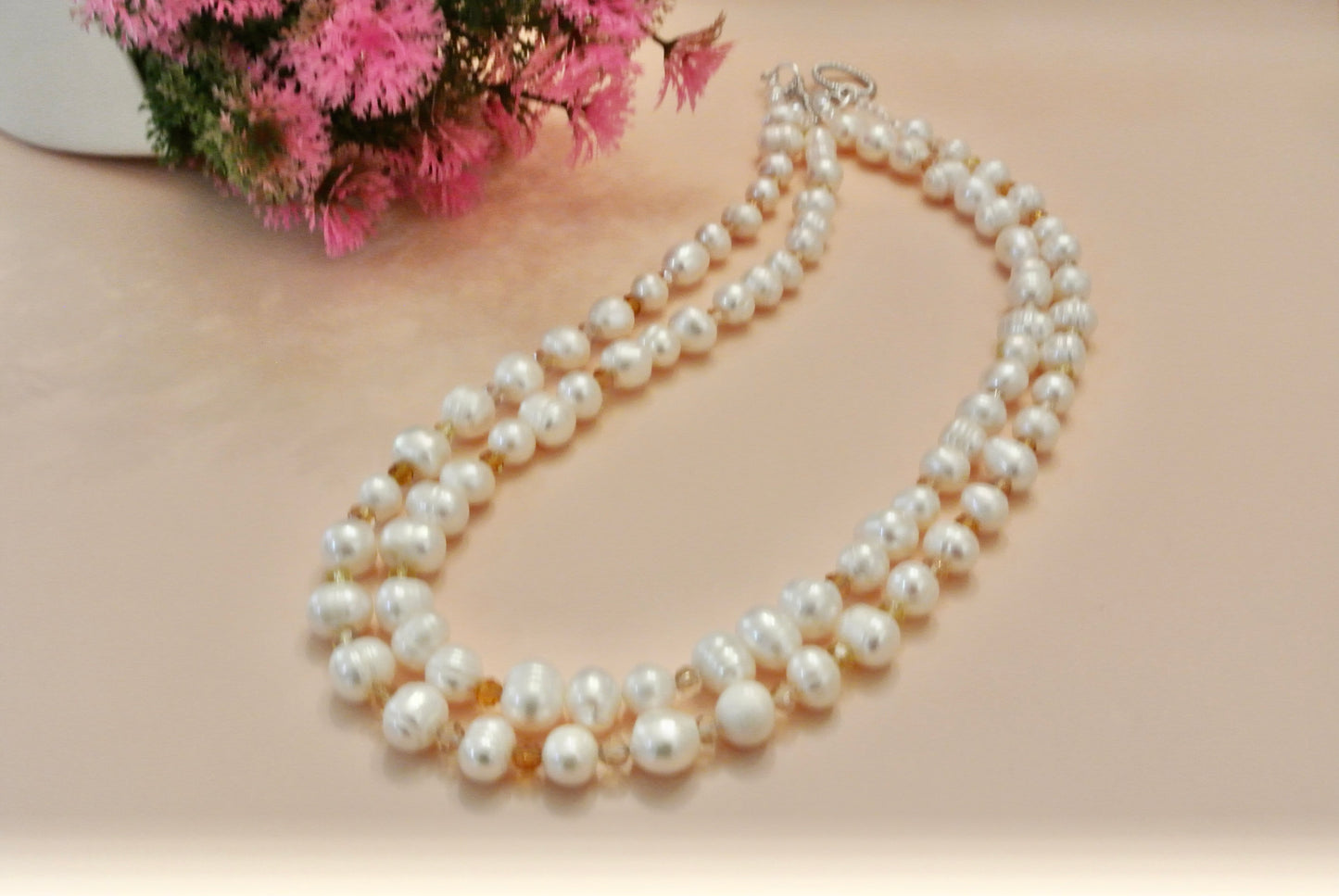 Double Strands White Pearls with Amber Faceted N-135