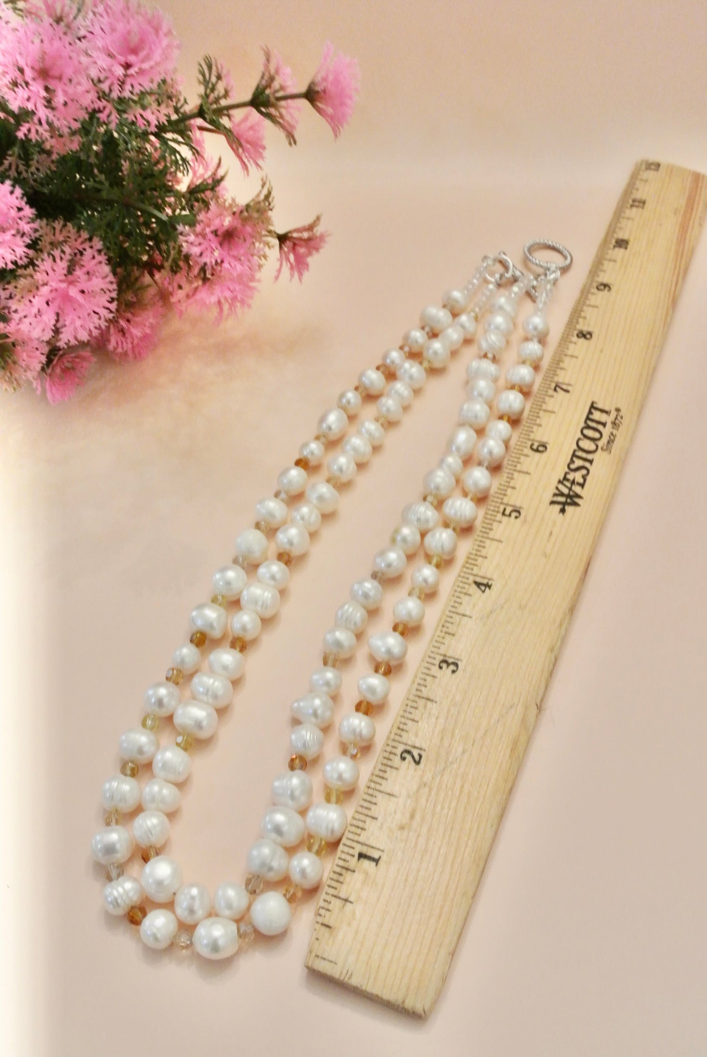 Double Strands White Pearls with Amber Faceted N-135