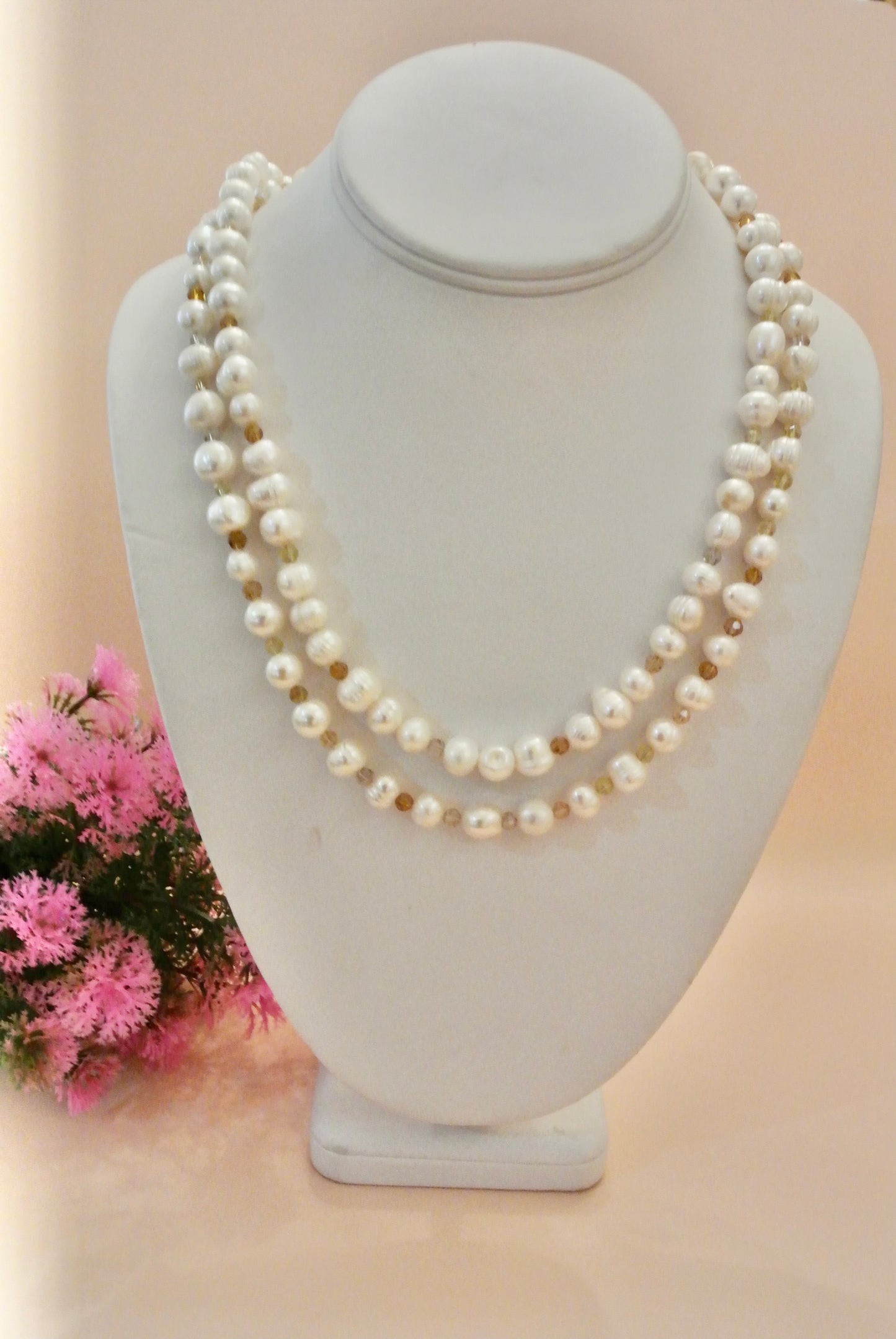 Double Strands White Pearls with Amber Faceted N-135