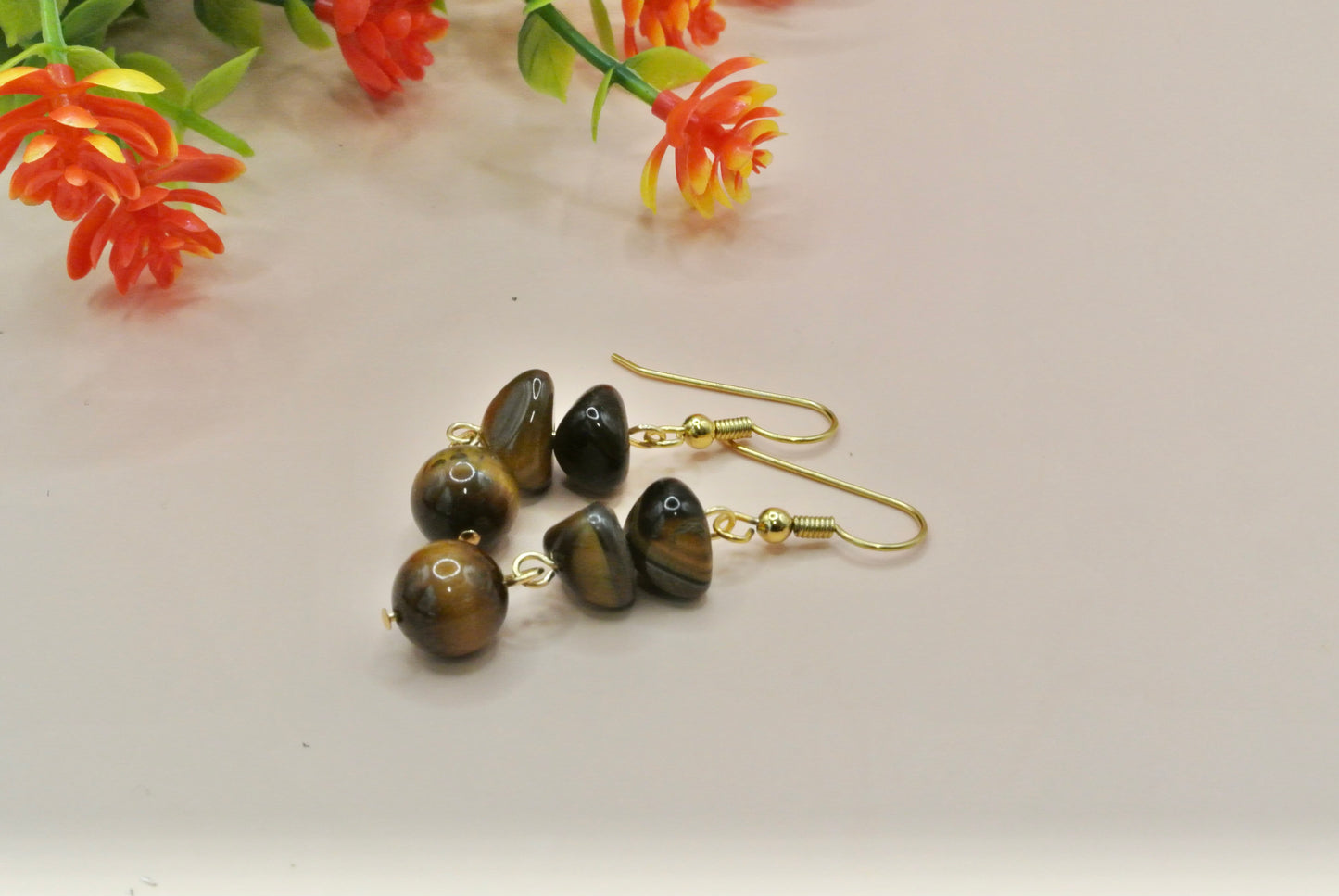 Round Tiger eye with Chunky stone earrings E-178