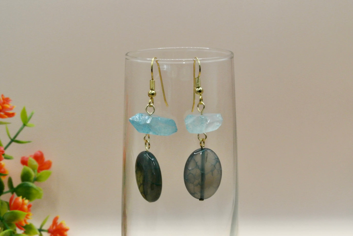 Aqua and oval stone Earrings E-183