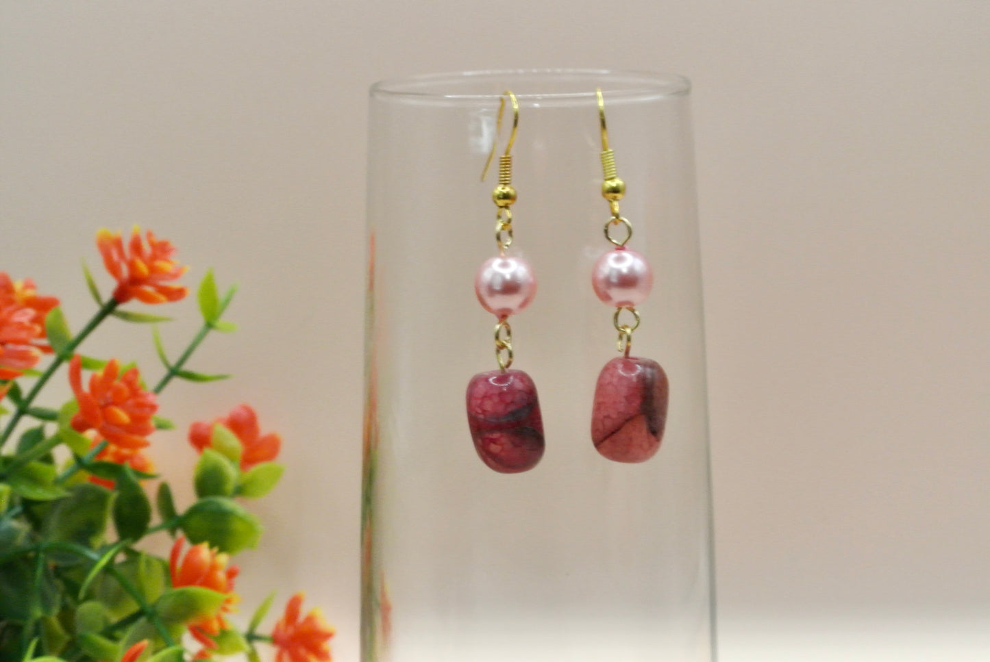 Pink Tube with pearls earrings E-196