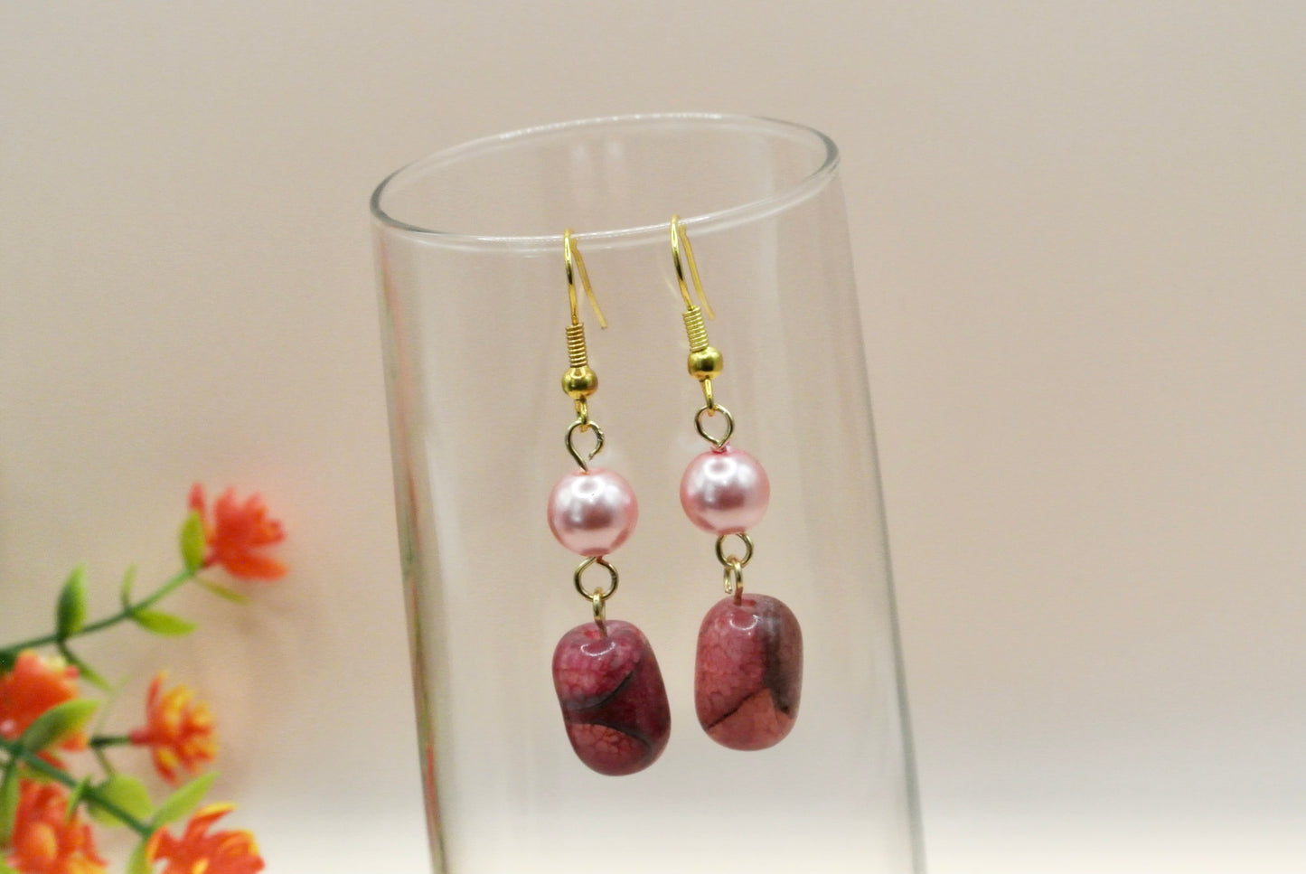 Pink Tube with pearls earrings E-196