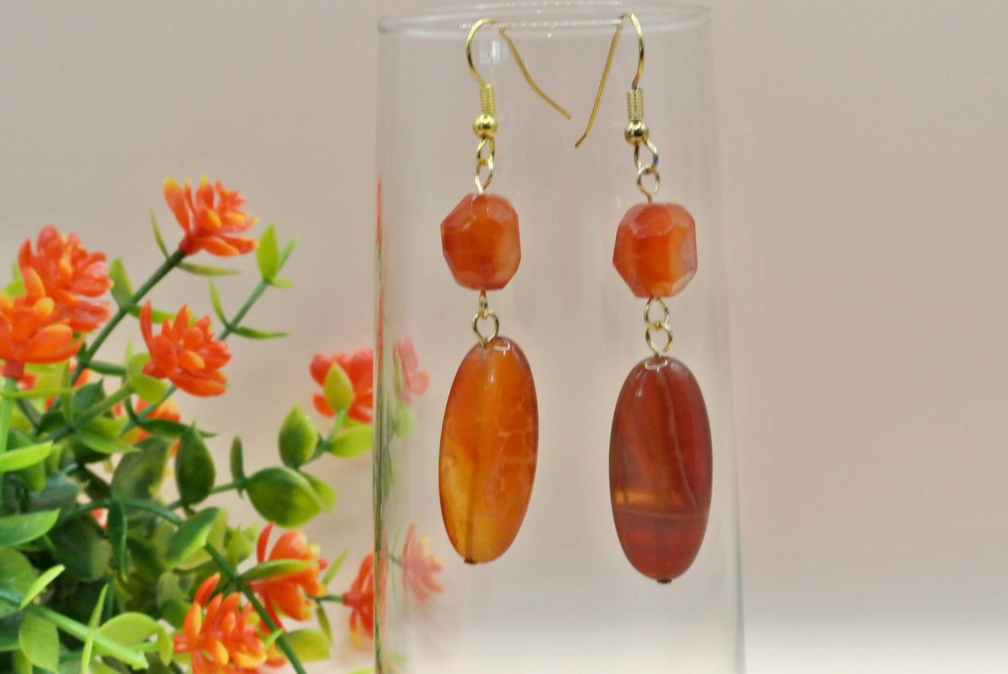 Large Oval crackle carnelian earrings E-187