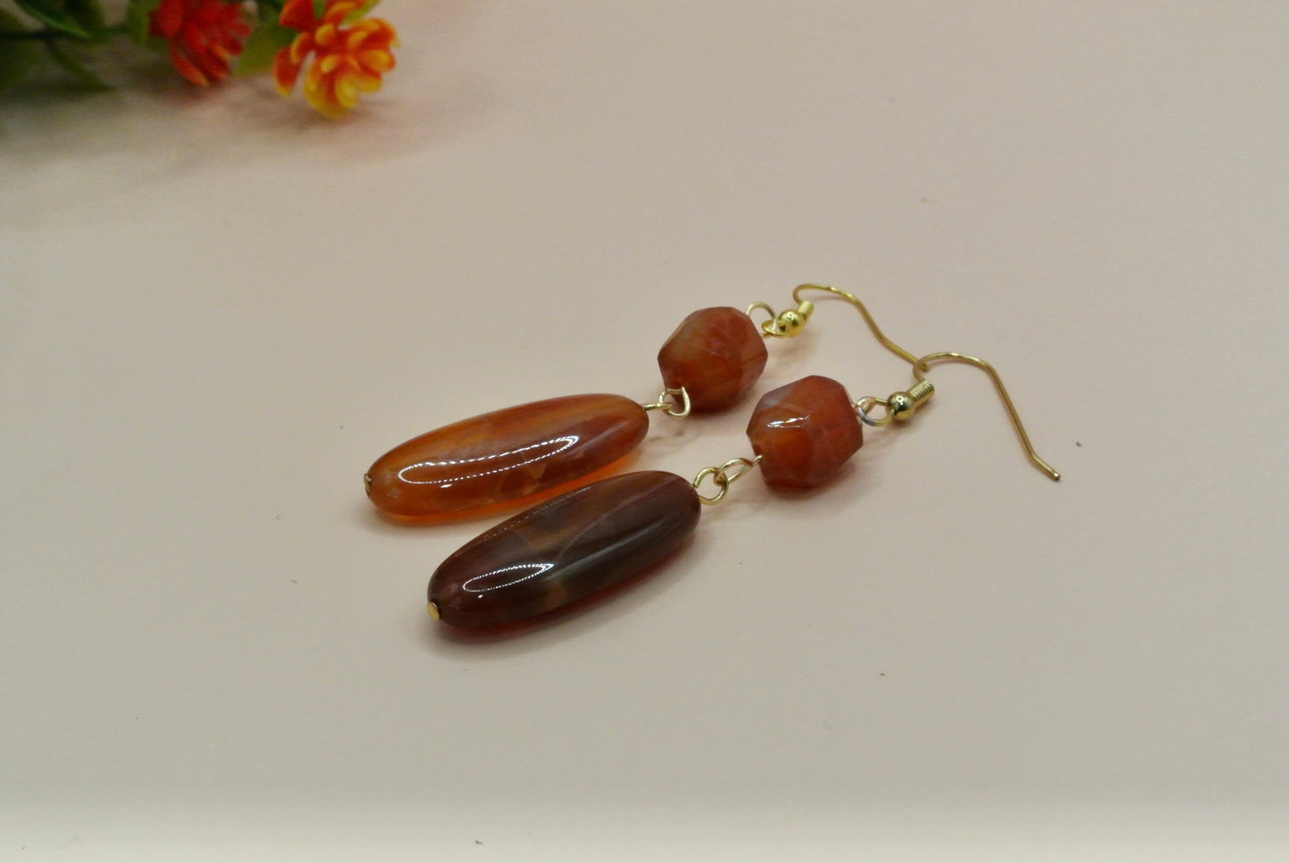 Large Oval crackle carnelian earrings E-187