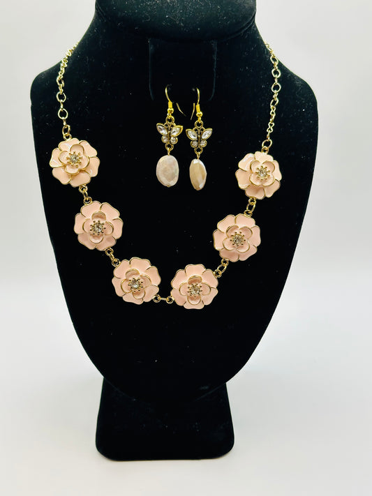 Pink Floral Necklace and earrings NE-101