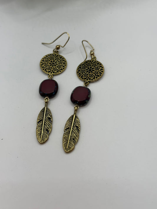 Feather Earrings with red Square beads E-140