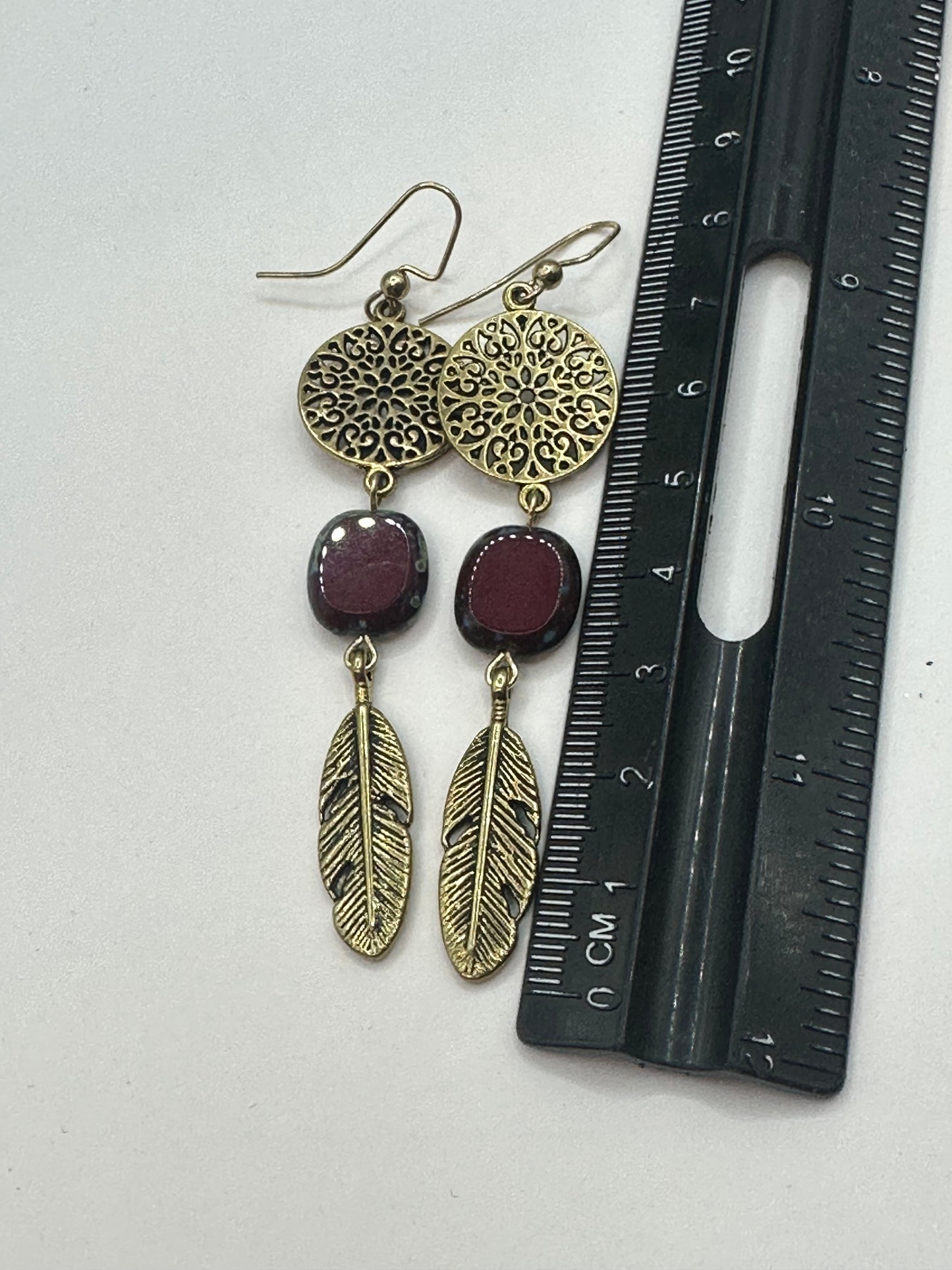 Feather Earrings with red Square beads E-140