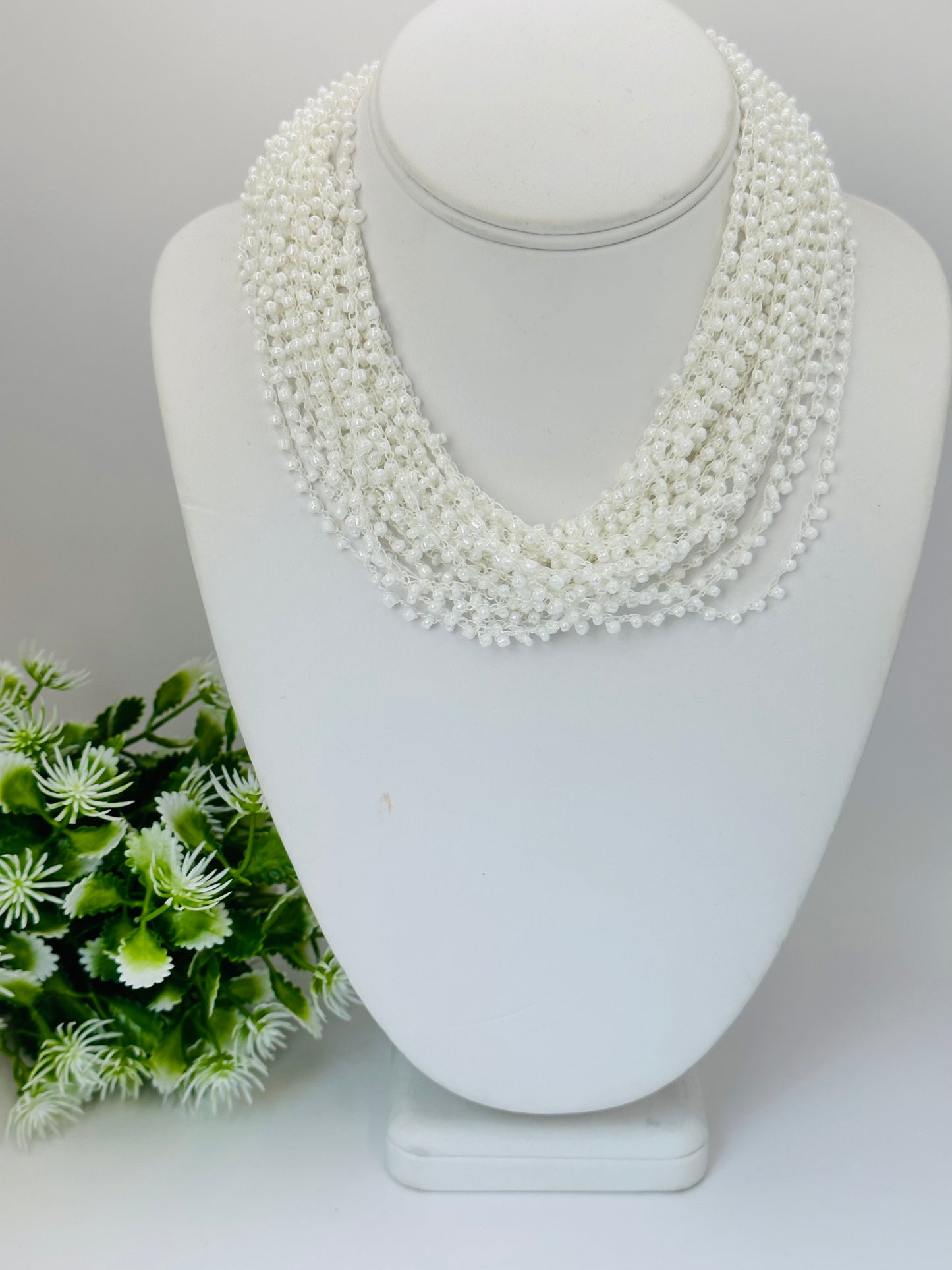 White seed beads multi strand Necklace N-123