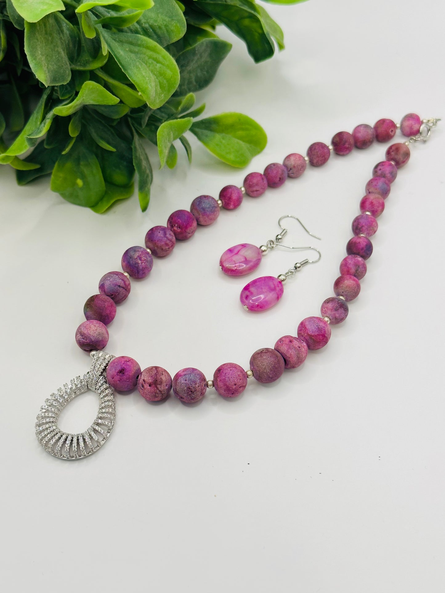 Pink Druzy Necklace with earrings NE-106