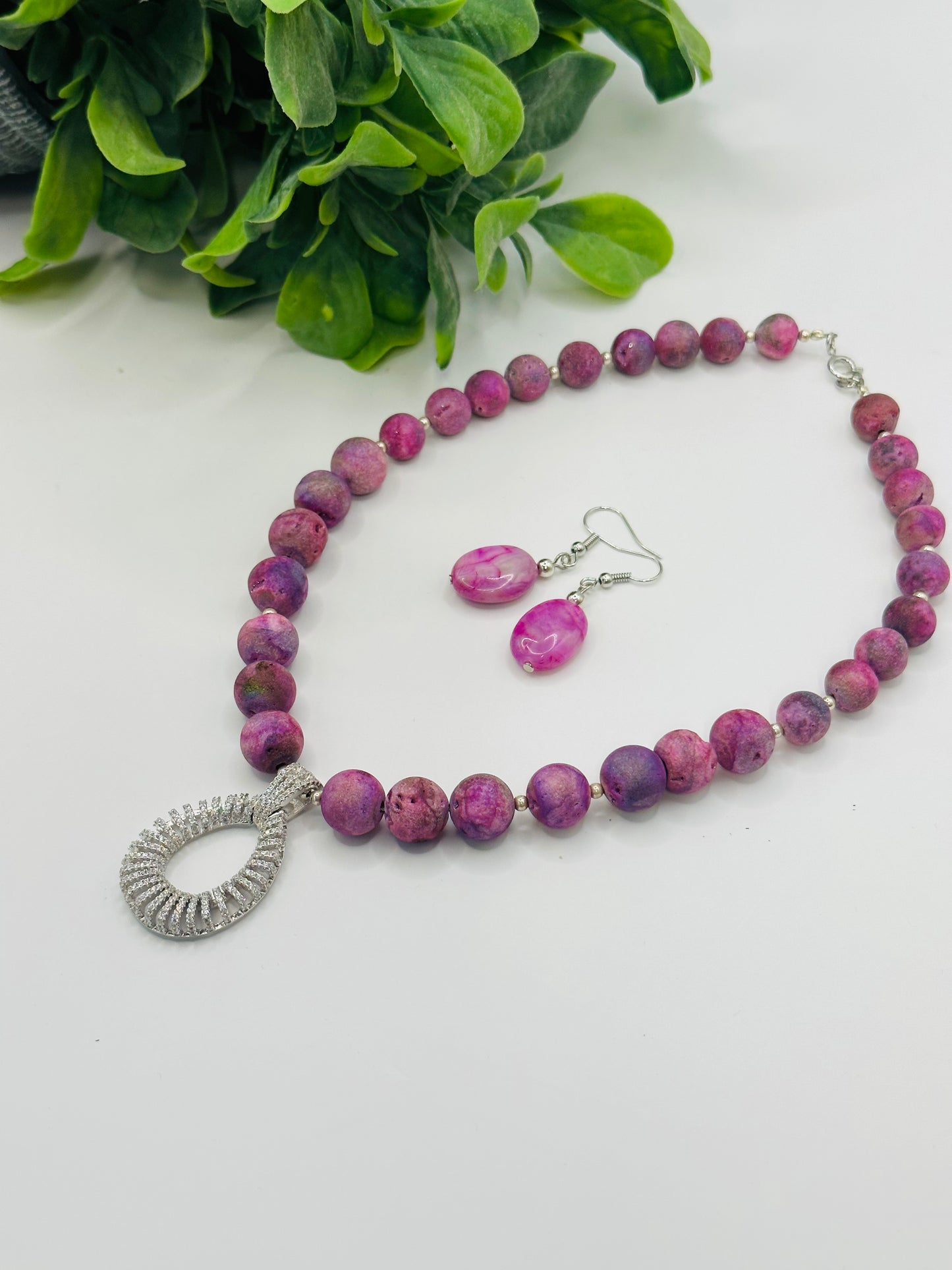 Pink Druzy Necklace with earrings NE-106