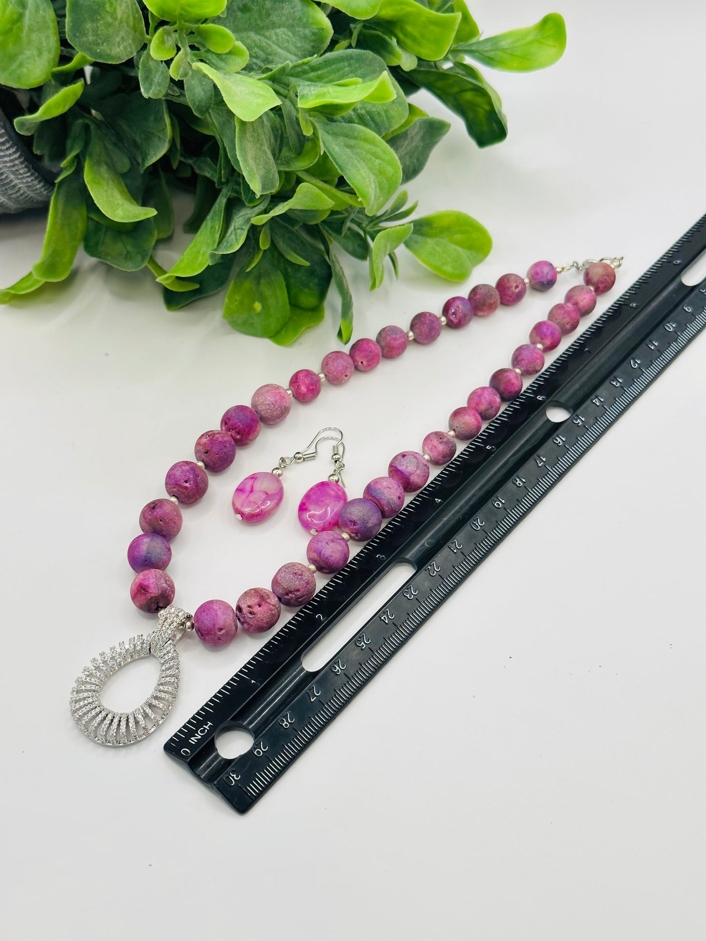 Pink Druzy Necklace with earrings NE-106