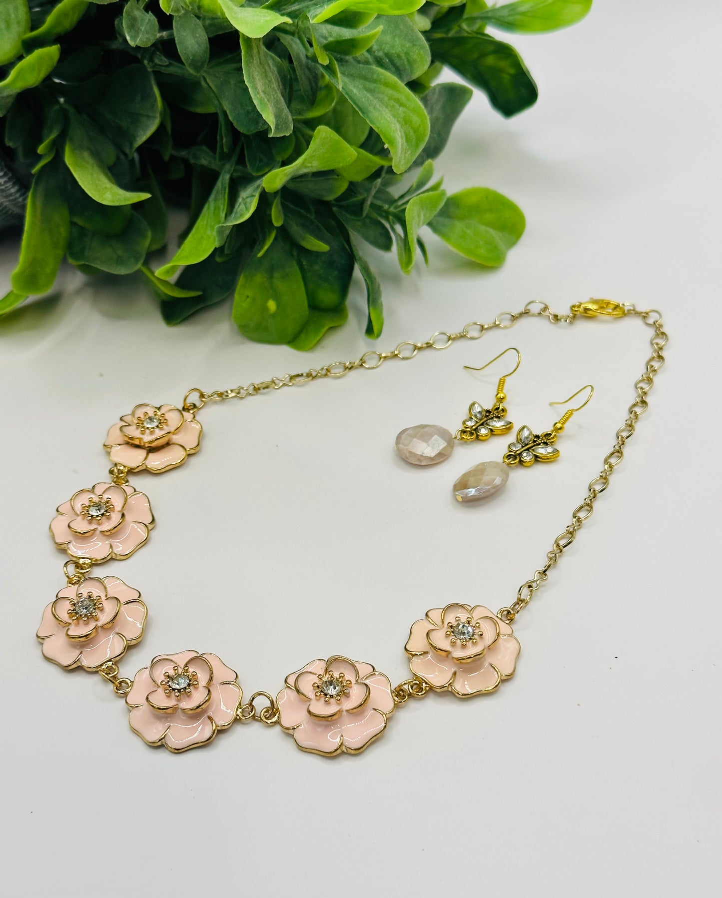 Pink Floral Necklace and earrings NE-101