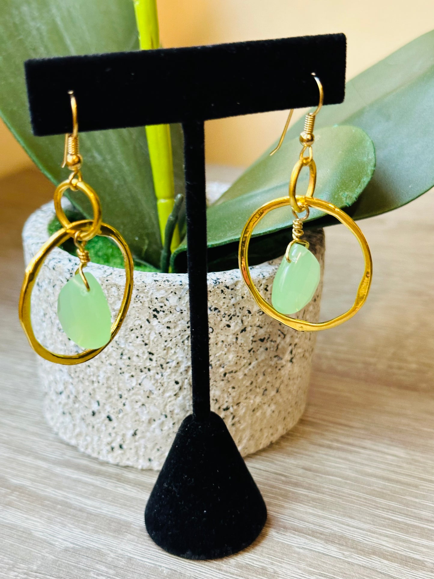 Gold plated large hoops with green faceted stone earrings E-213