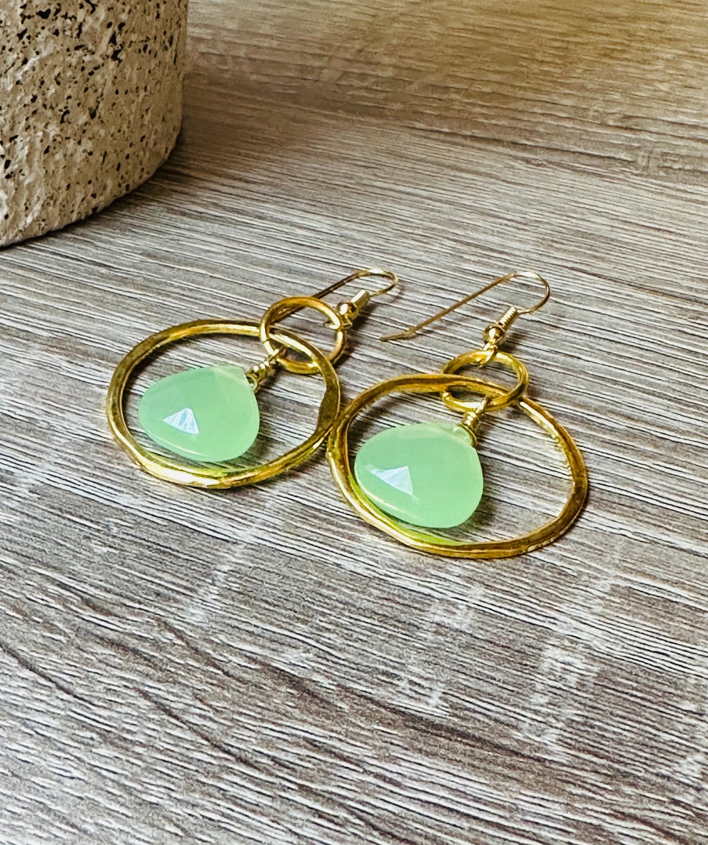 Gold plated large hoops with green faceted stone earrings E-213