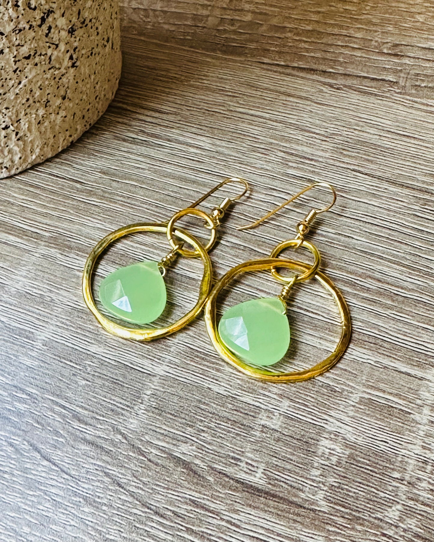 Gold plated large hoops with green faceted stone earrings E-213