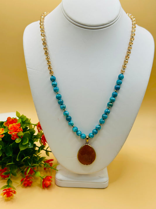 Round aqua with carnelian pendant N-152