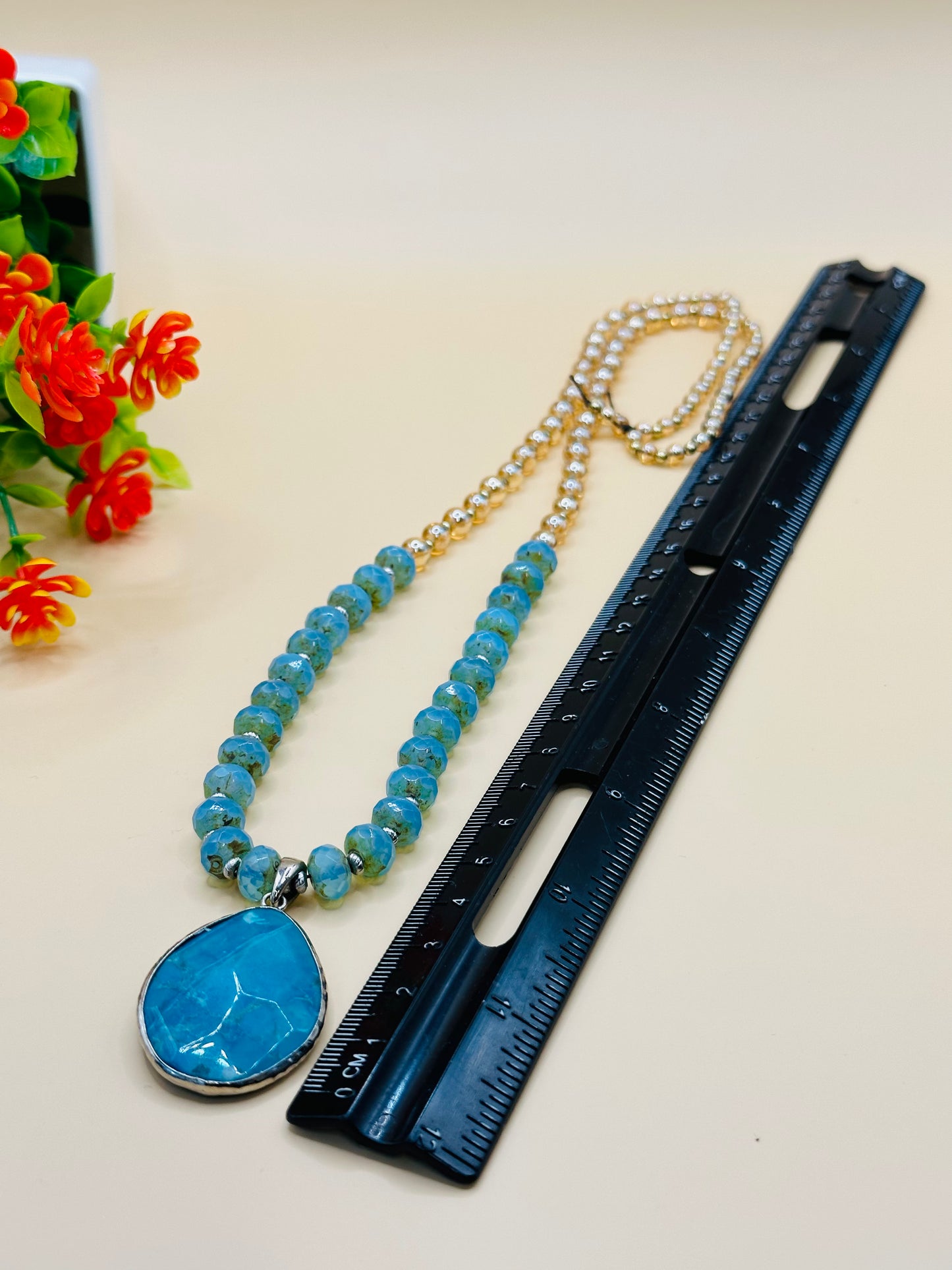 Aqua Faceted rondel with pendant necklace N-153