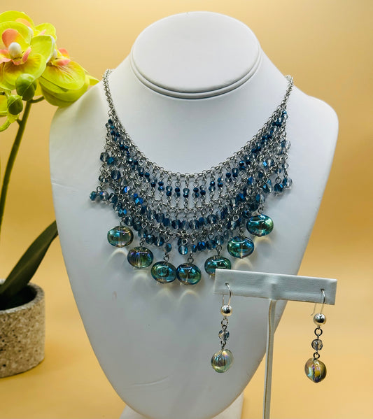 Smooth glass on chain Necklace with earrings N-164