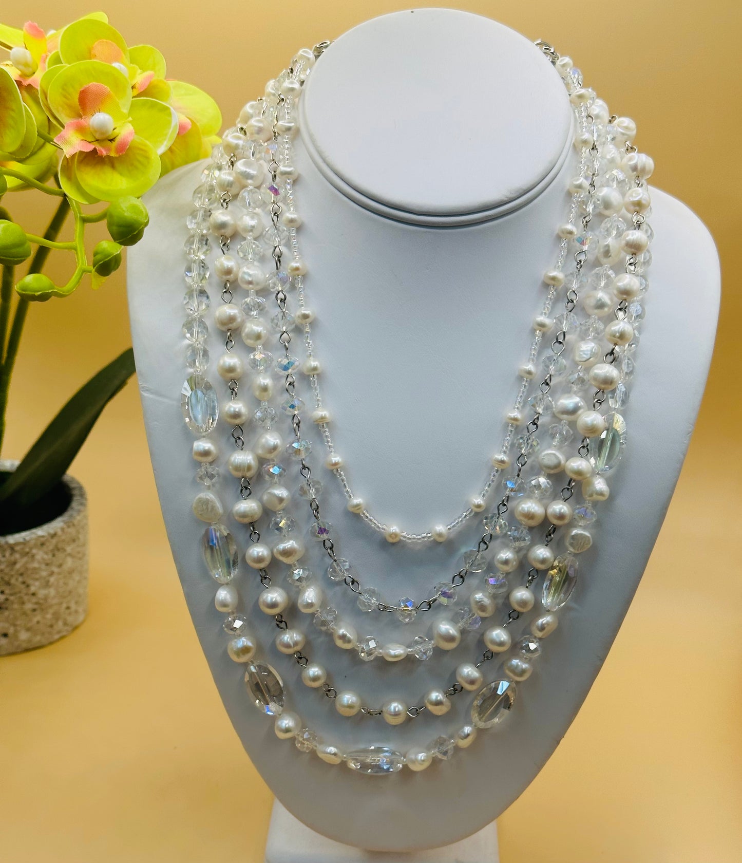 Multi strands pearls and crystal glass necklace N-150