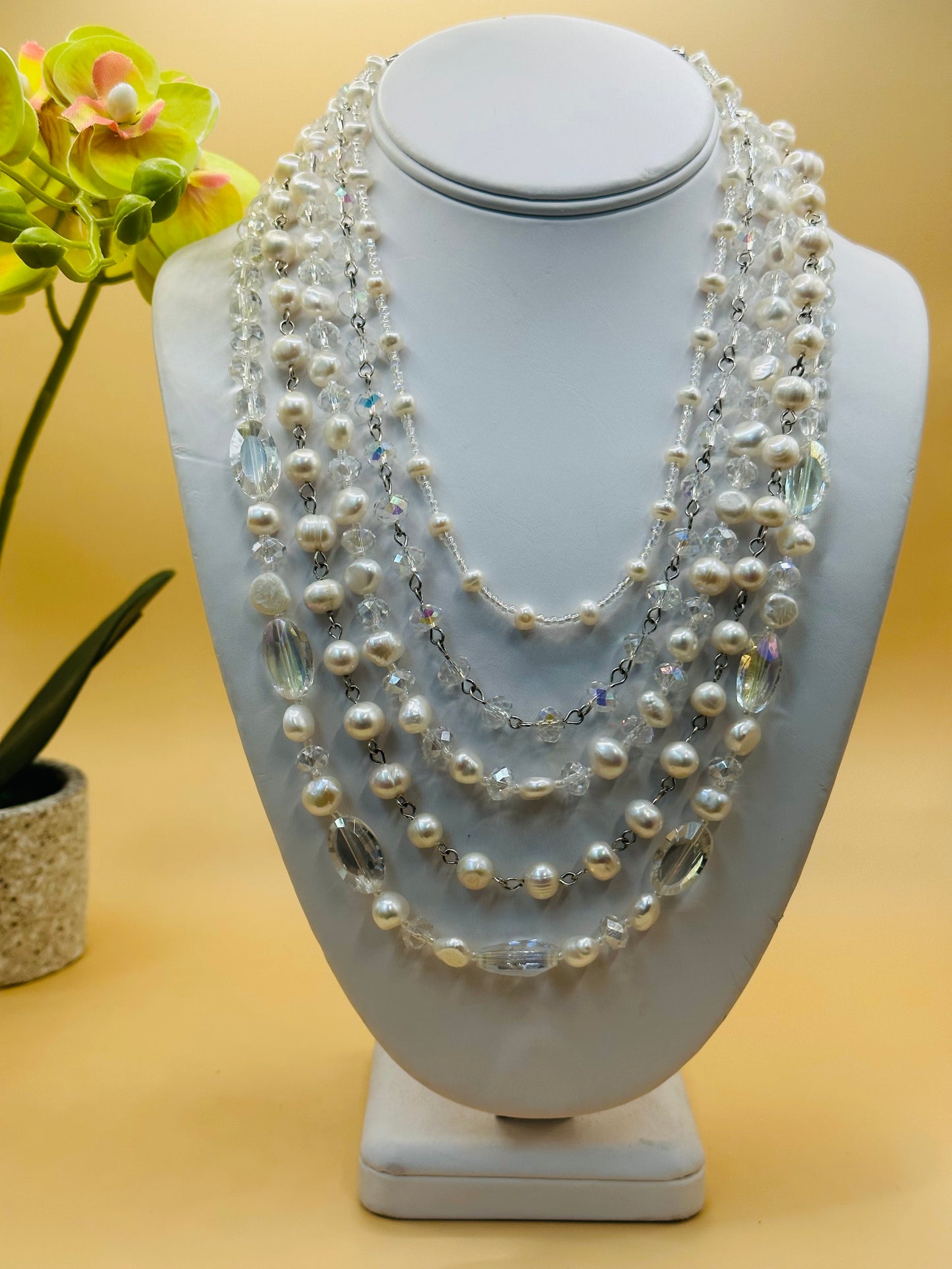 Multi strands pearls and crystal glass necklace N-150