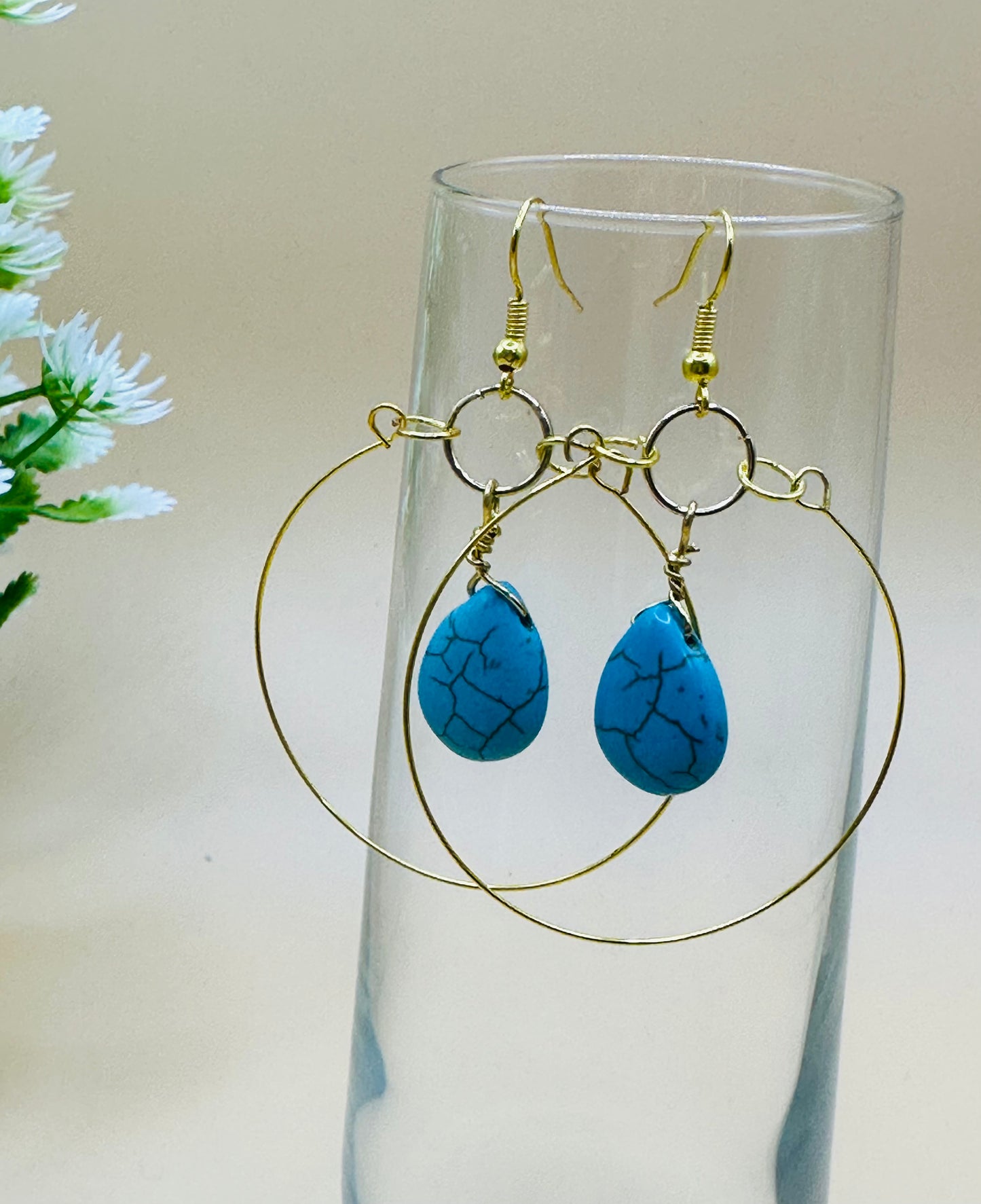 Turquoise drop stone hoops earrings E-221