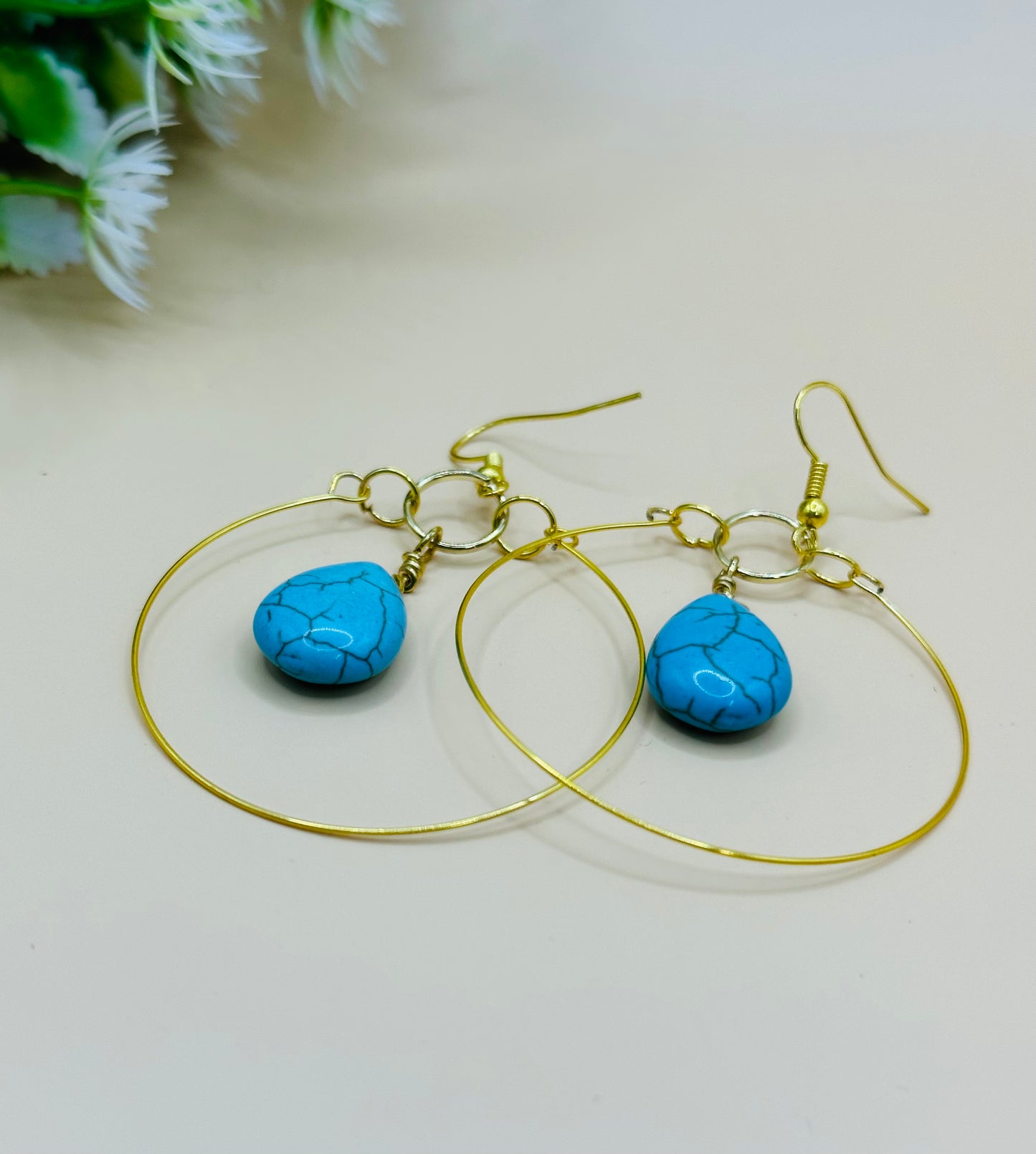 Turquoise drop stone hoops earrings E-221