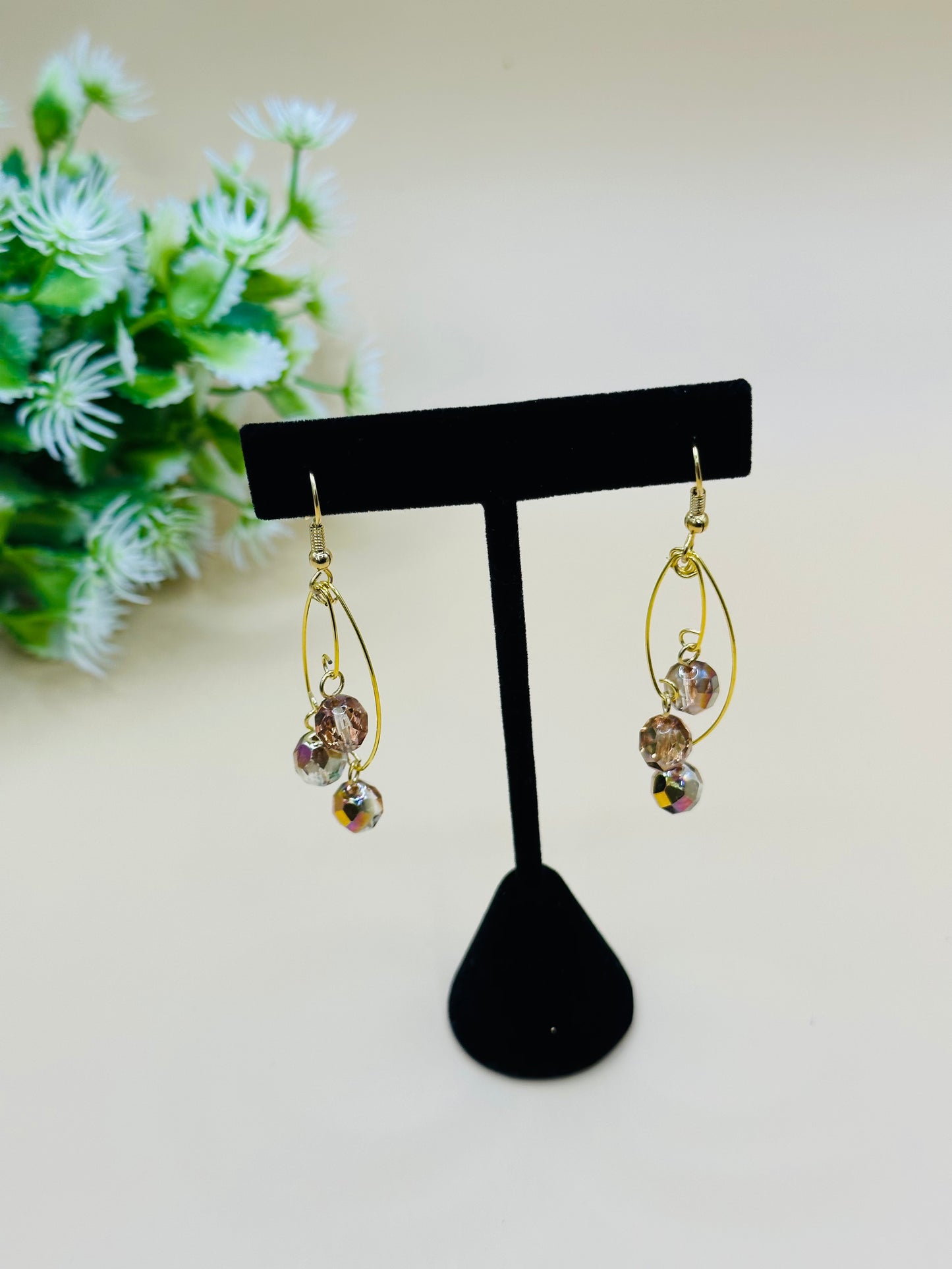 Wire multi level pink crystal glass earrings E-222