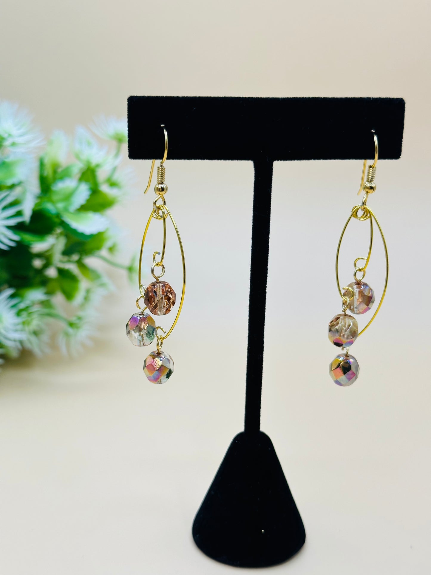 Wire multi level pink crystal glass earrings E-222