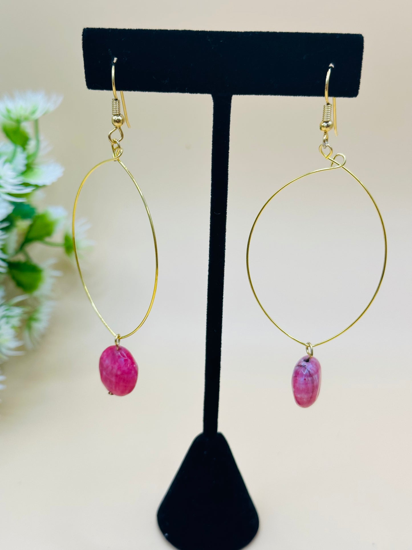 Marquise shape wire pink stone earrings E-229