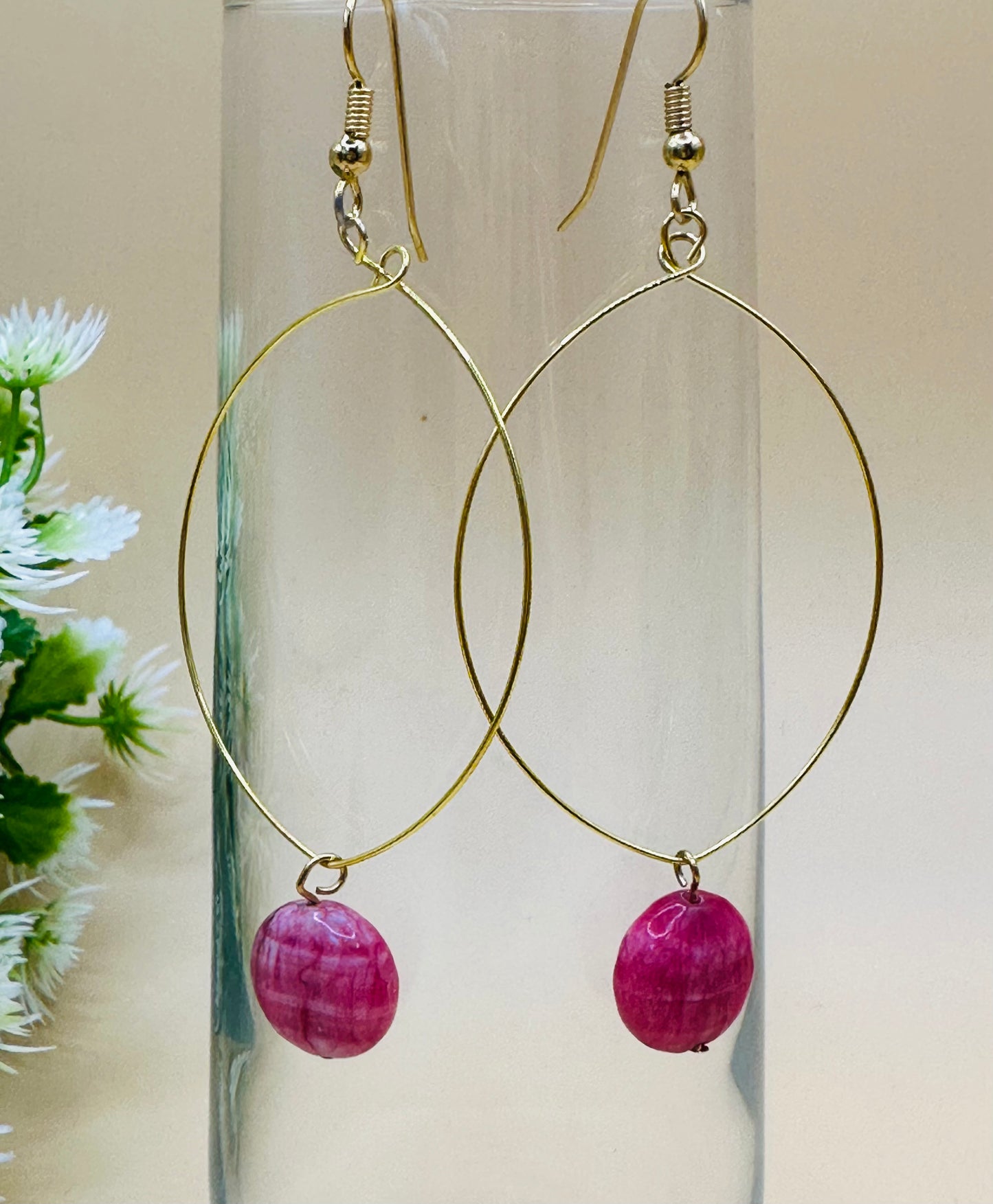 Marquise shape wire pink stone earrings E-229