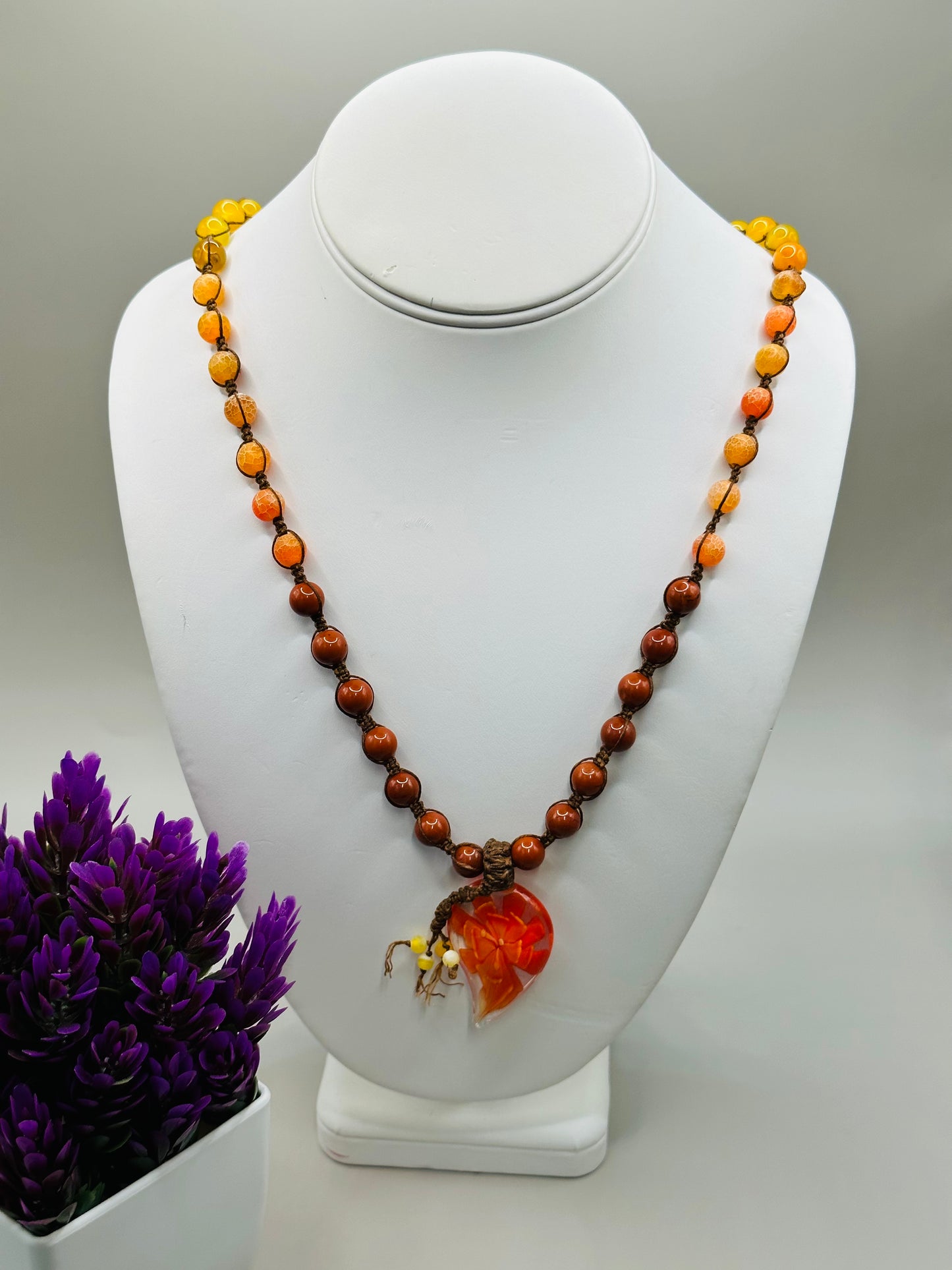 Orange pendant lamp work necklace N-171