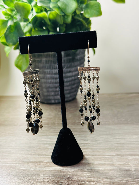 Pyrite and black onyx chandelier earrings E-234