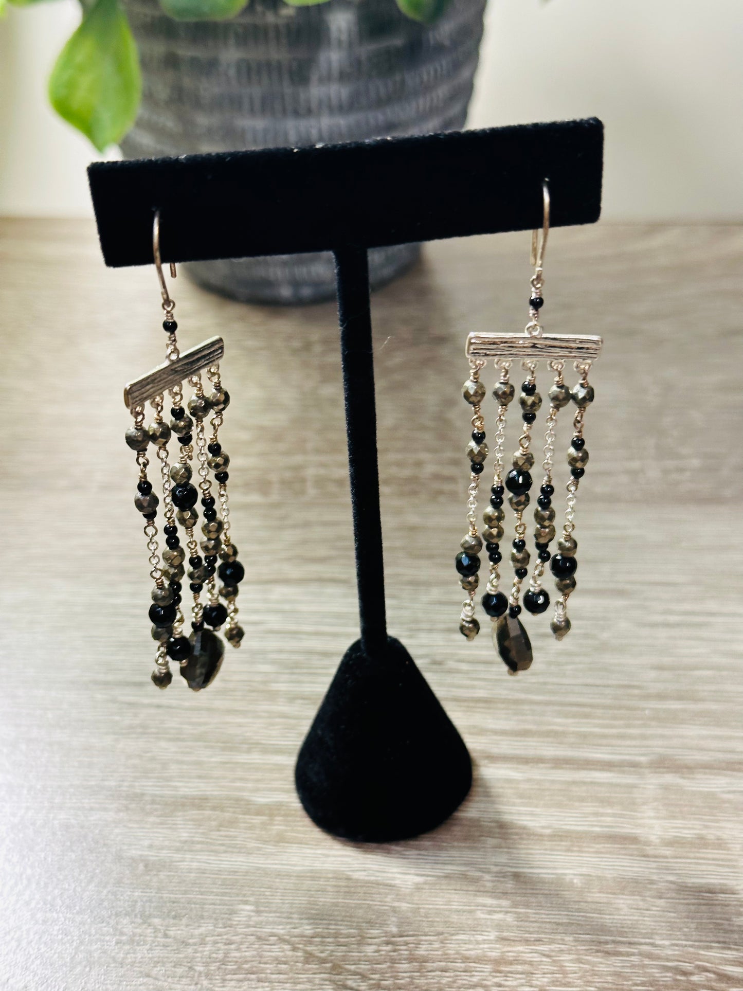 Pyrite and black onyx chandelier earrings E-234