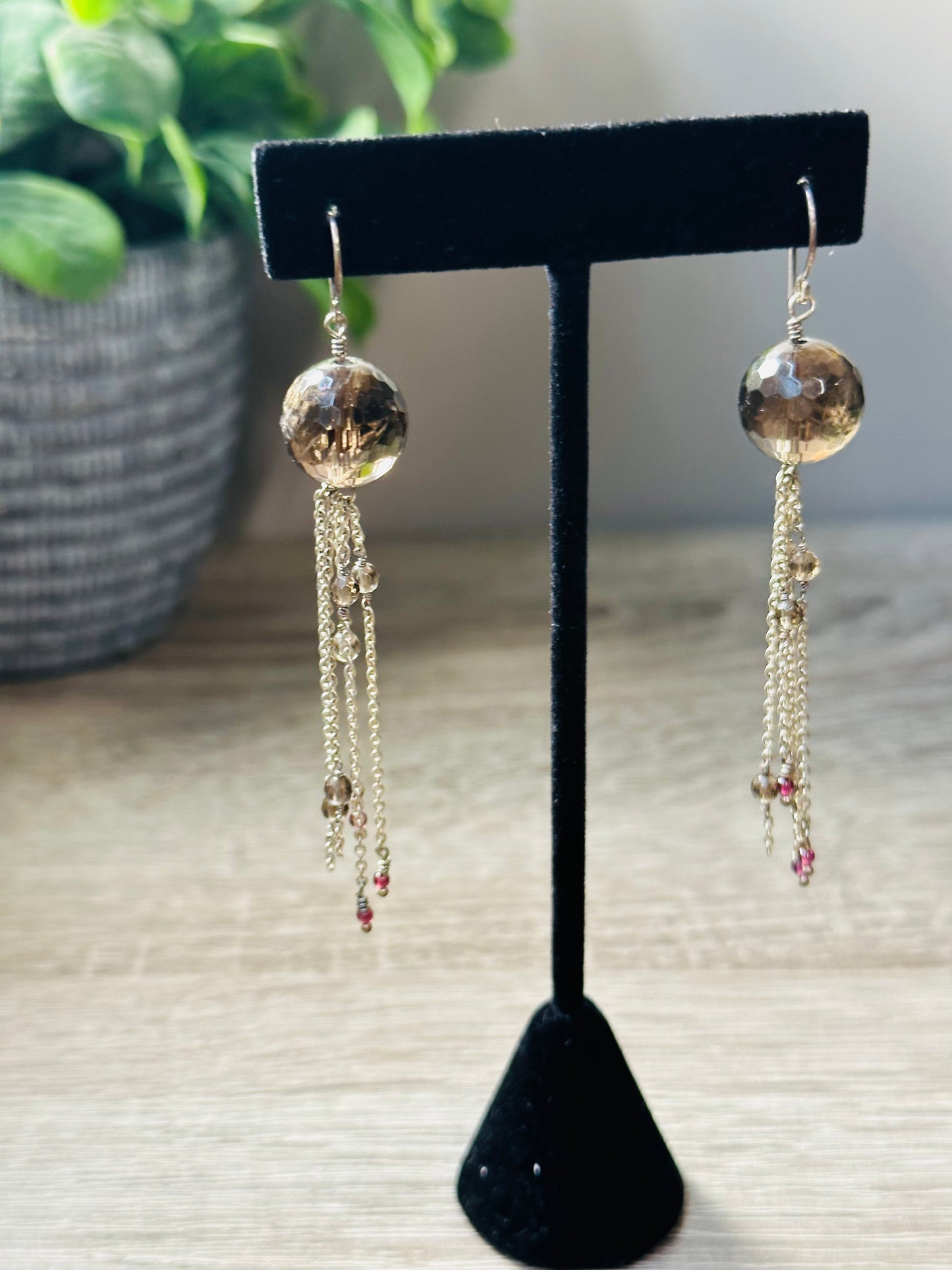 Smokey quartz long chain earrings E-239