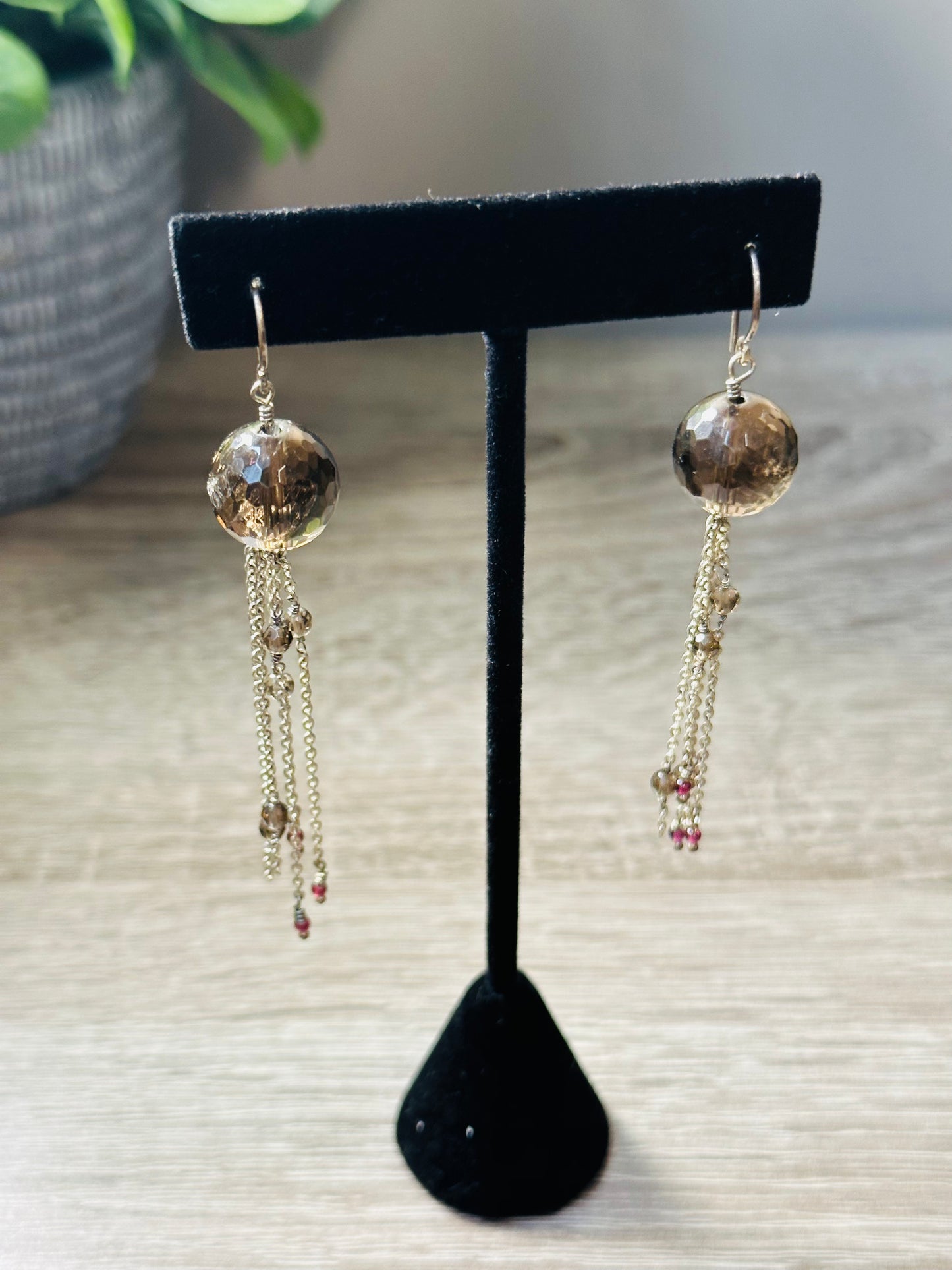 Smokey quartz long chain earrings E-239