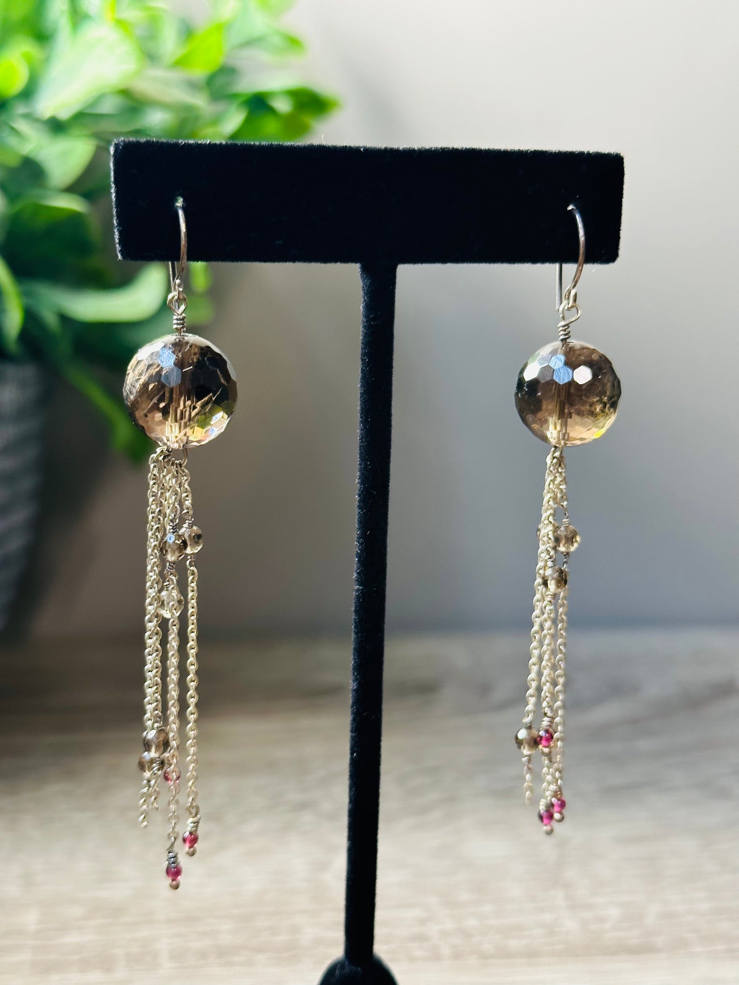 Smokey quartz long chain earrings E-239