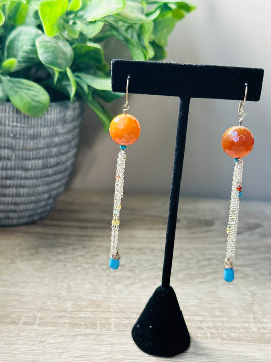 Citrine and turquoise long chain earrings E-239