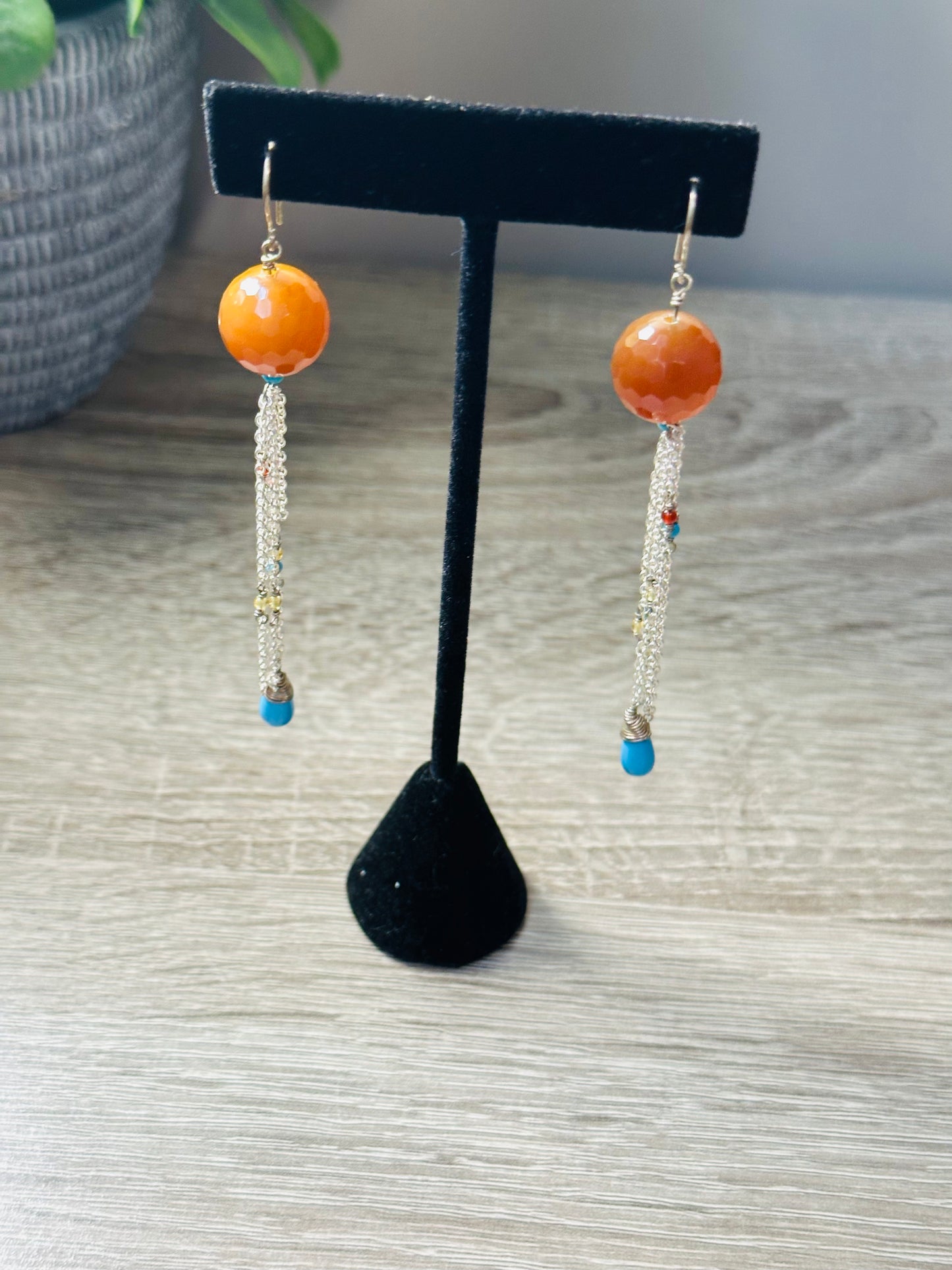 Citrine and turquoise long chain earrings E-239