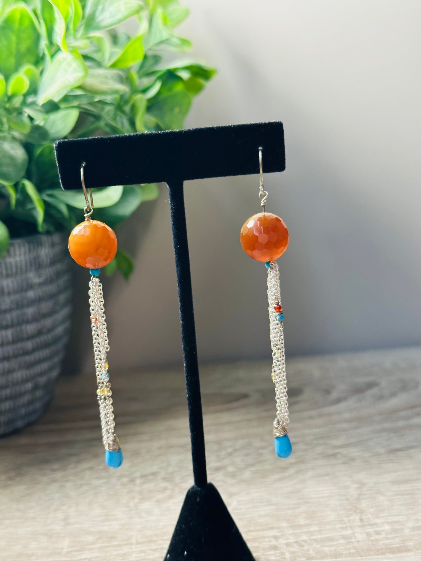 Citrine and turquoise long chain earrings E-239