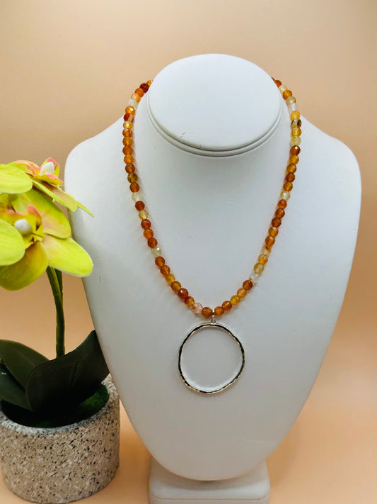 Faceted Carnelian stone  and hammered drop necklace N-173