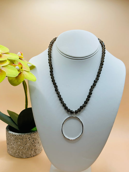 Faceted smokey quartz hammered circle necklace N-176